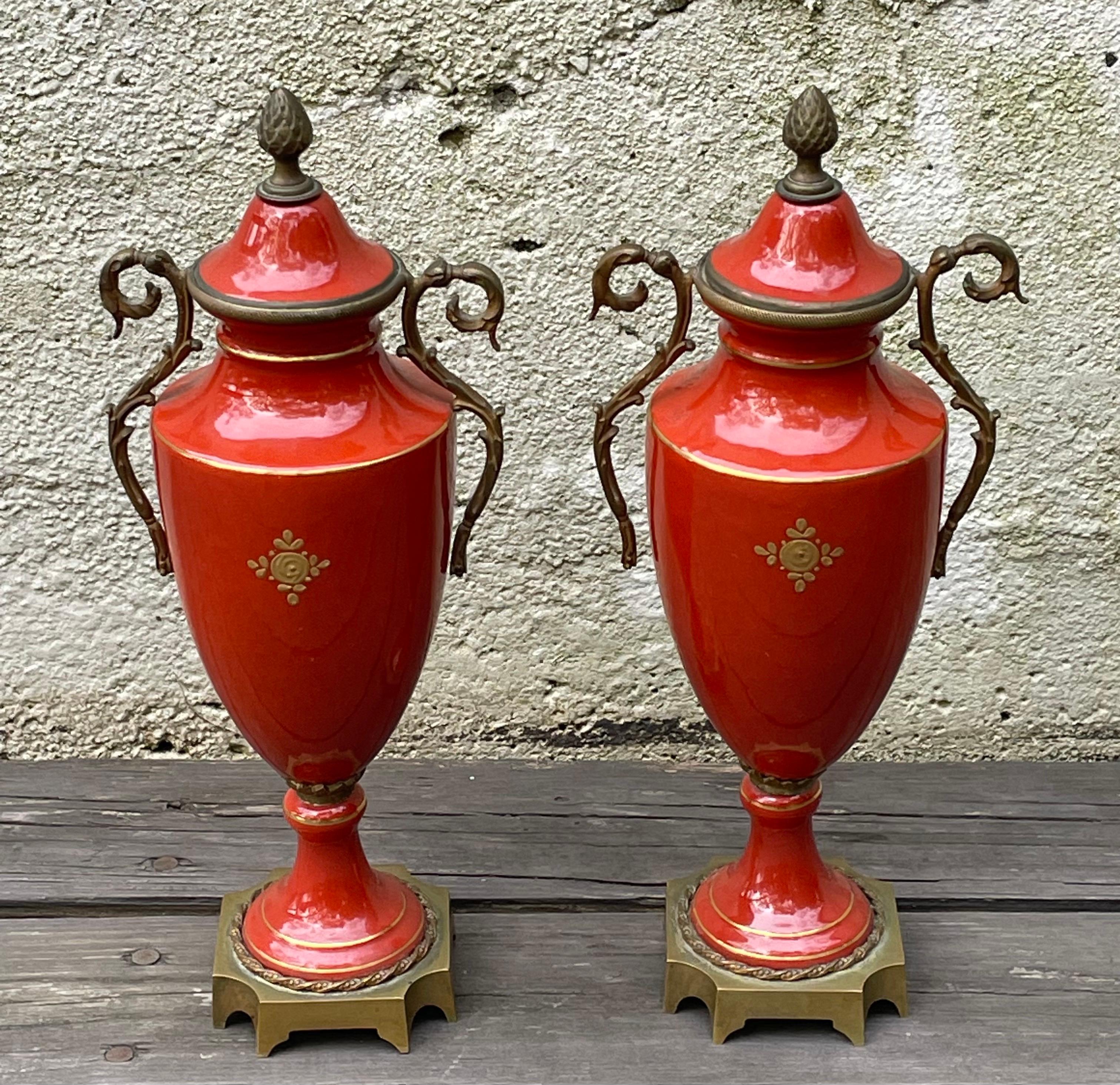 Pair of 19th Century French Ceramic Urns with Cast Bronze Accents For Sale 1
