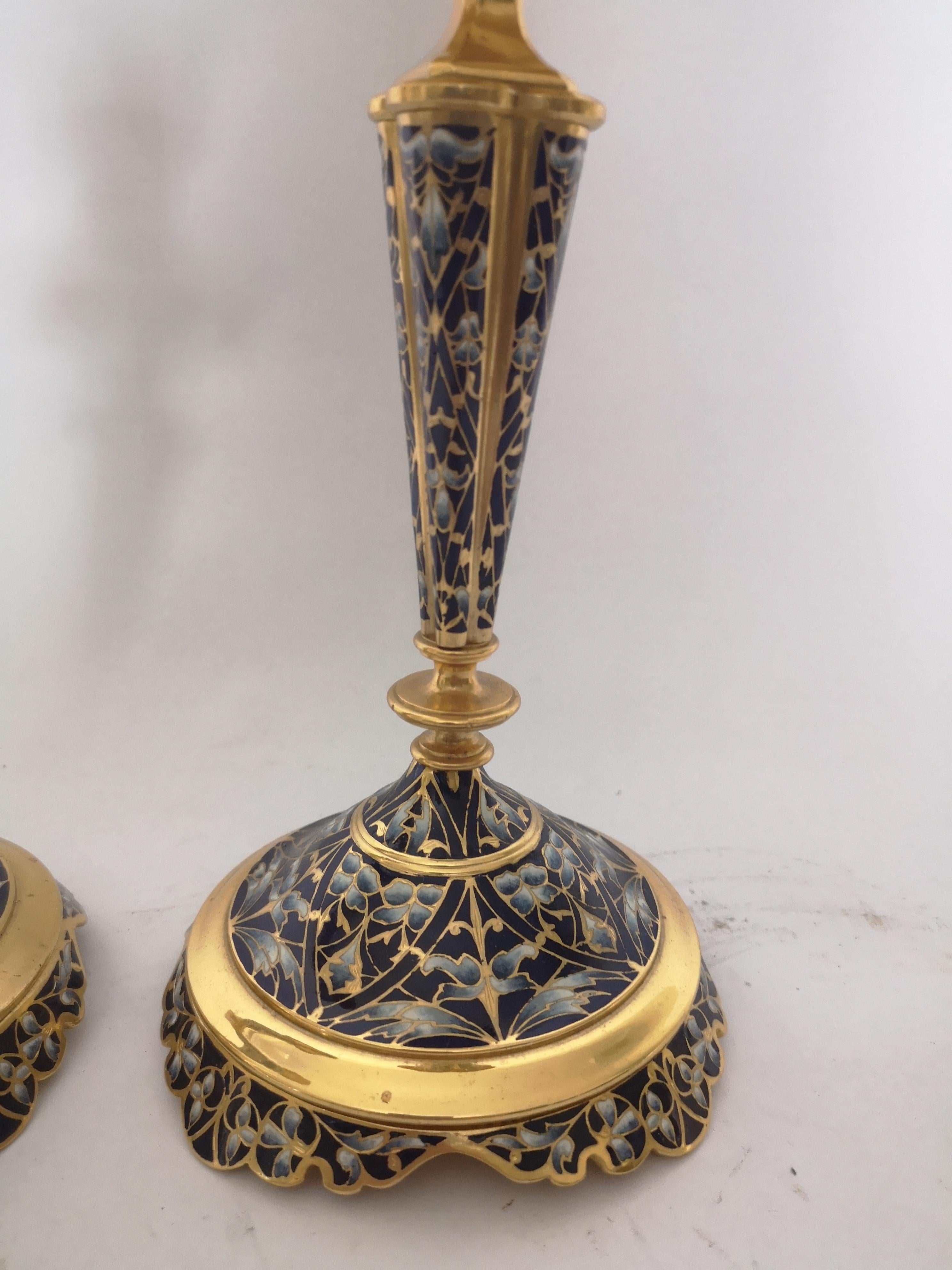 20th Century Pair of 19th Century French Champleve Enamel Candlesticks