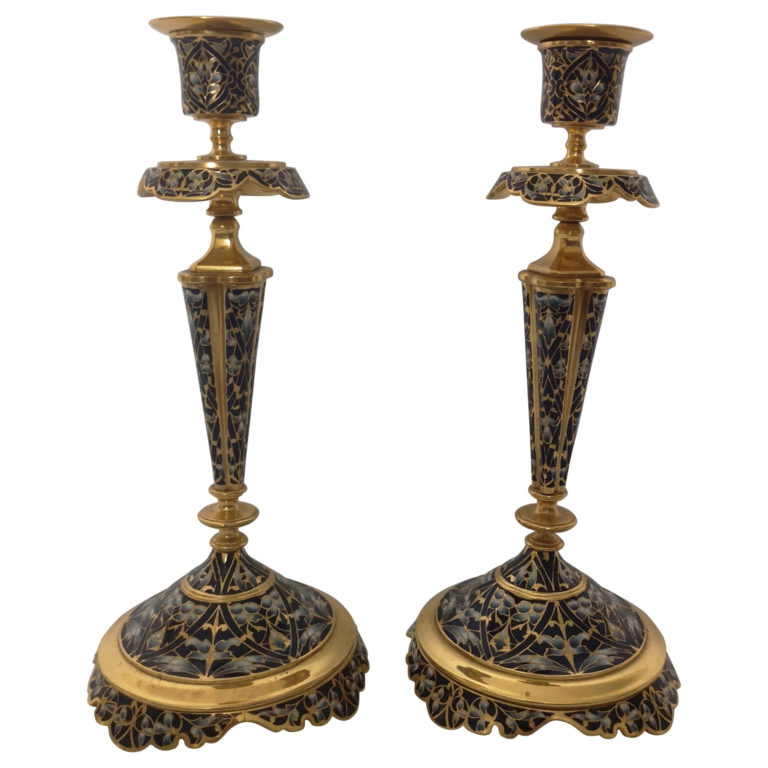 Pair of 19th Century French Champleve Enamel Candlesticks