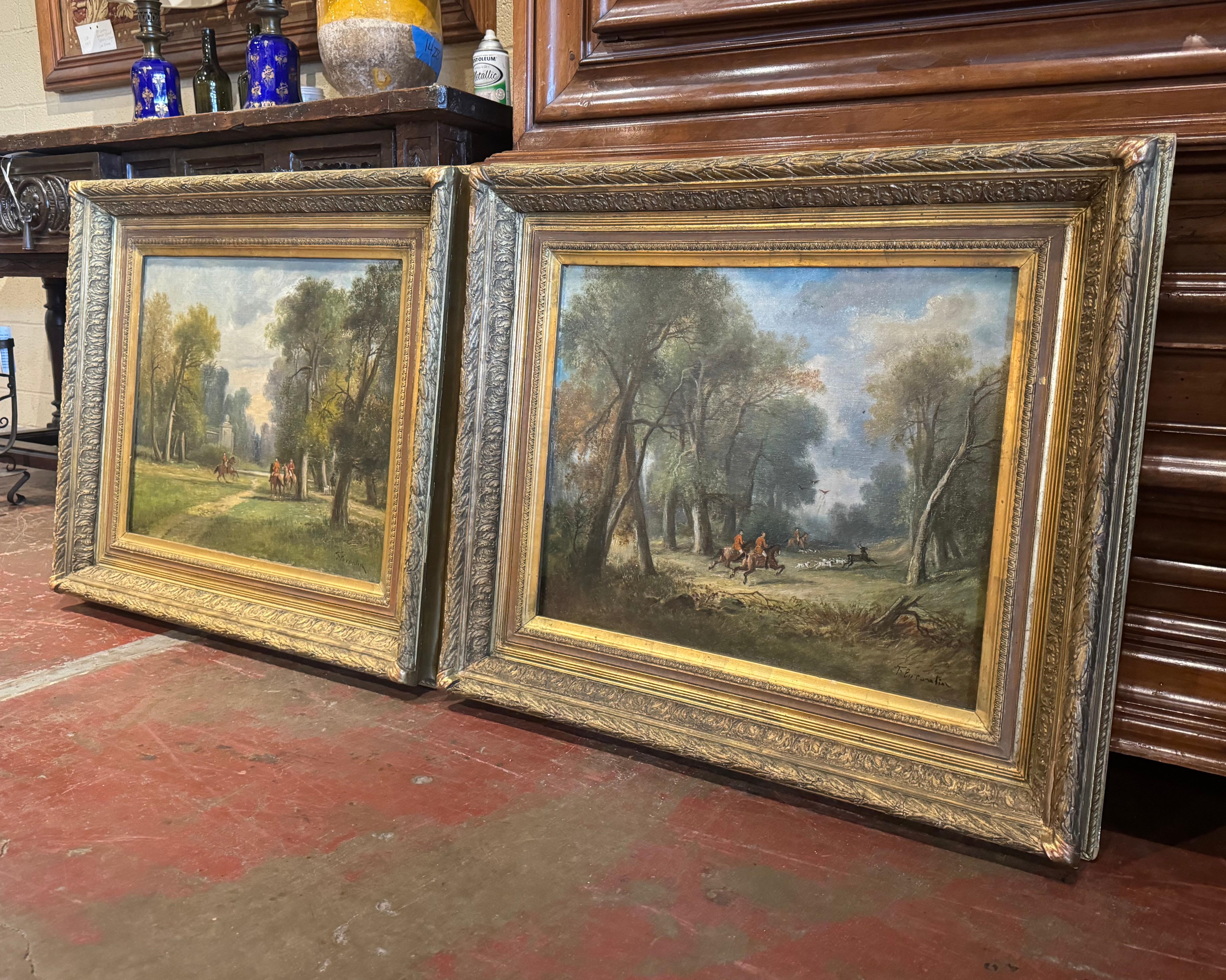 Decorate an office, study, or hunting lodge with this elegant pair of antique hunt scene paintings. Created in France circa 1880 and hand-painted on canvas, each work is presented in its original carved and gilded wood frame with intricate foliate