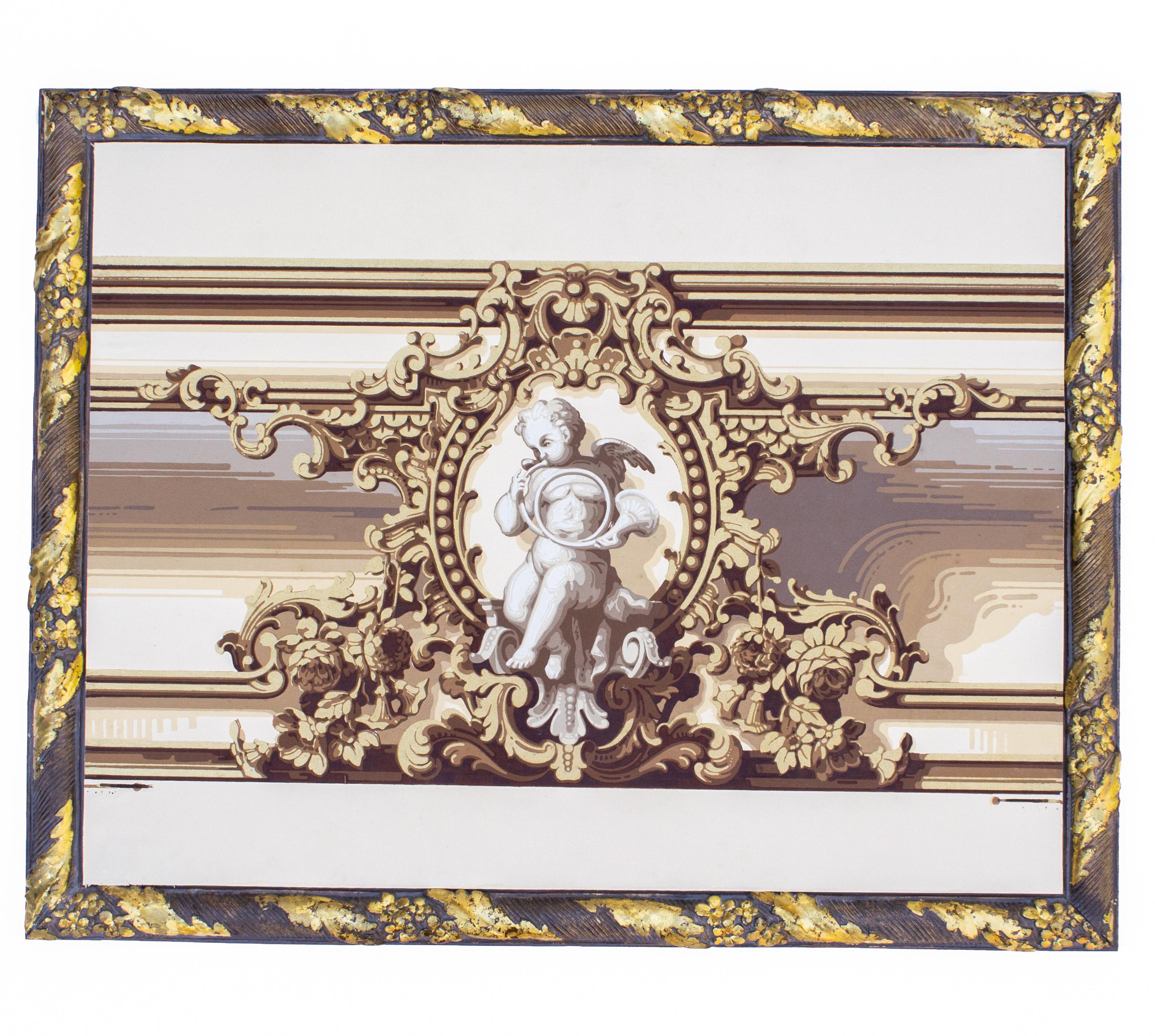 19th century French cherub wallpaper panels. In this collection, Irish, English and French wallpaper have been applied to a frame decorated with 18th and 19th-century Irish reproduction moldings taken from original castings. They have been