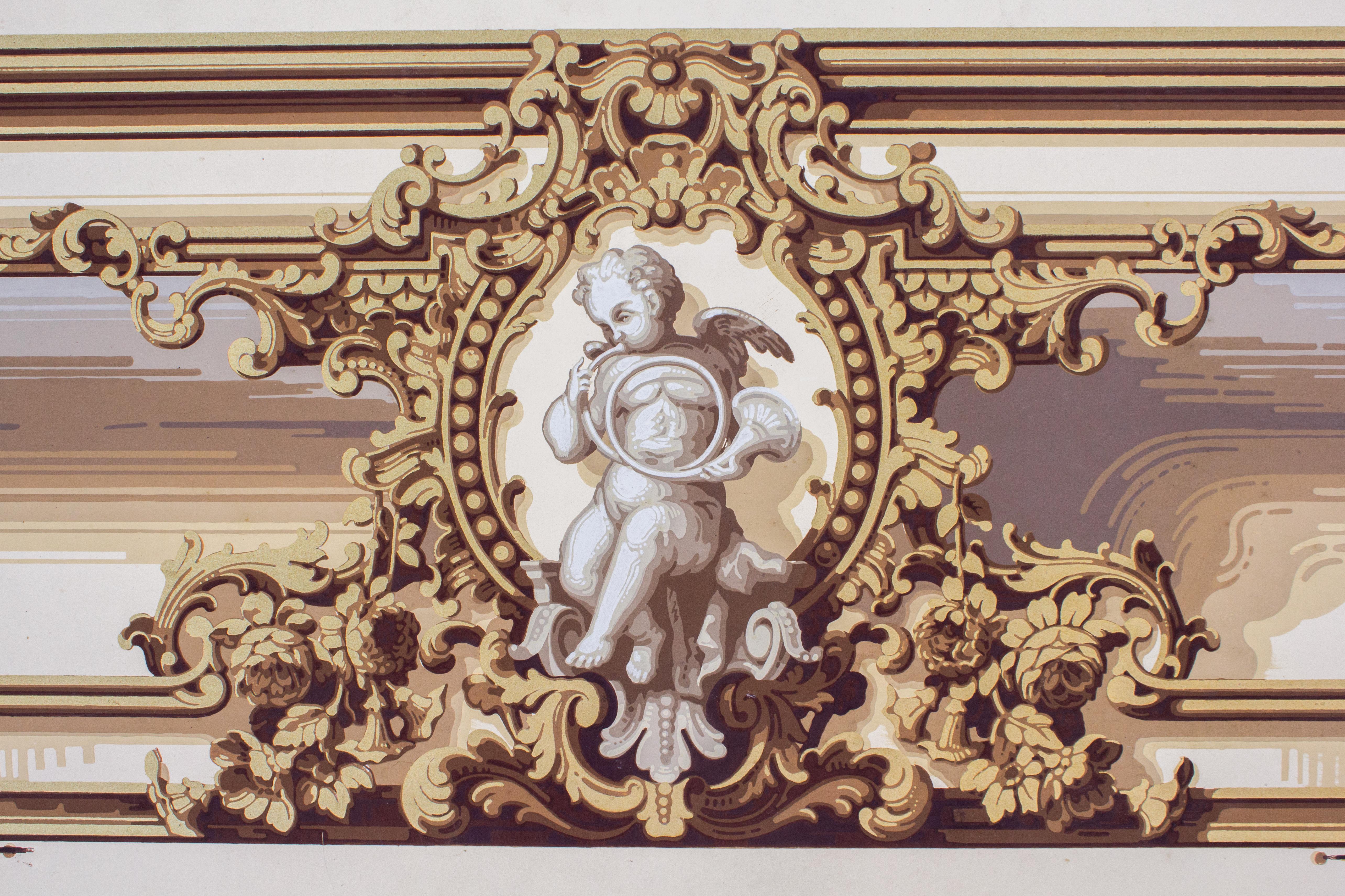 Baroque Pair of 19th Century French Cherub Wallpaper Panels For Sale