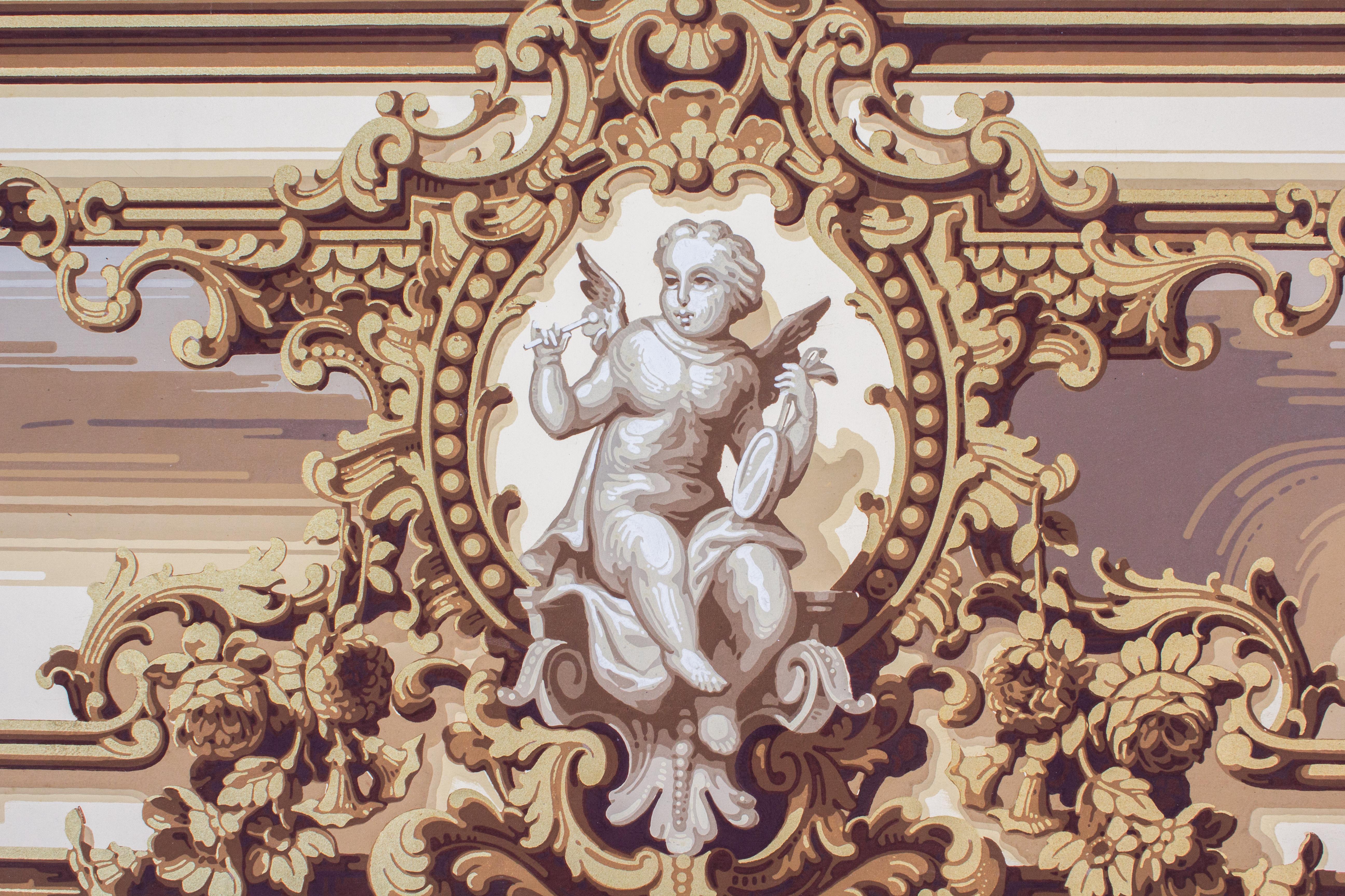 Hand-Crafted Pair of 19th Century French Cherub Wallpaper Panels For Sale