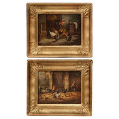 Pair of 19th Century French Chicken Oil on Board Paintings in Gilt Frame