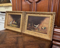 Pair of 19th Century French Chicken Paintings in Giltwood Frames Signed G. A