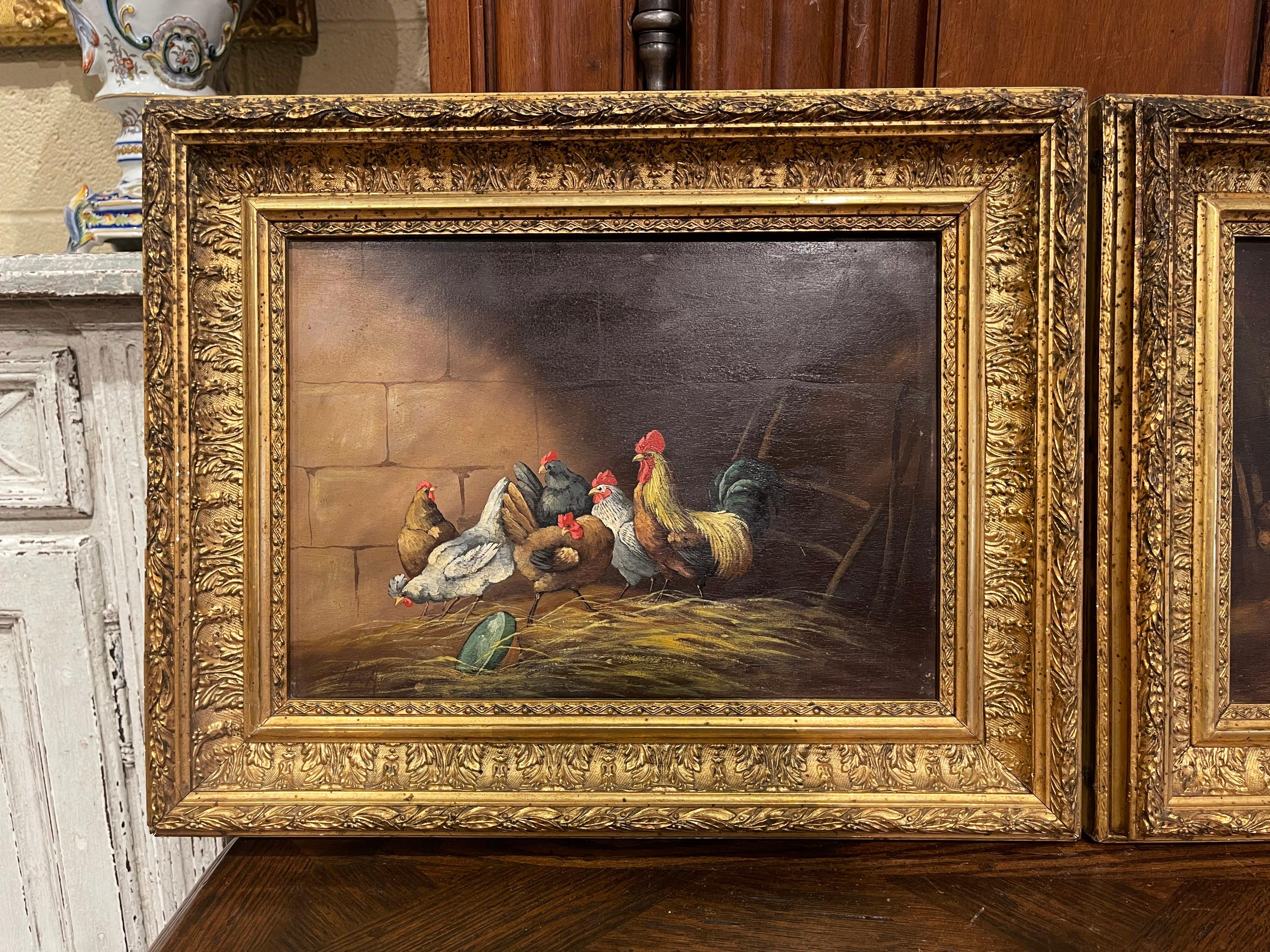 Carved Pair of 19th Century French Chicken Paintings in Giltwood Frames Signed G. A