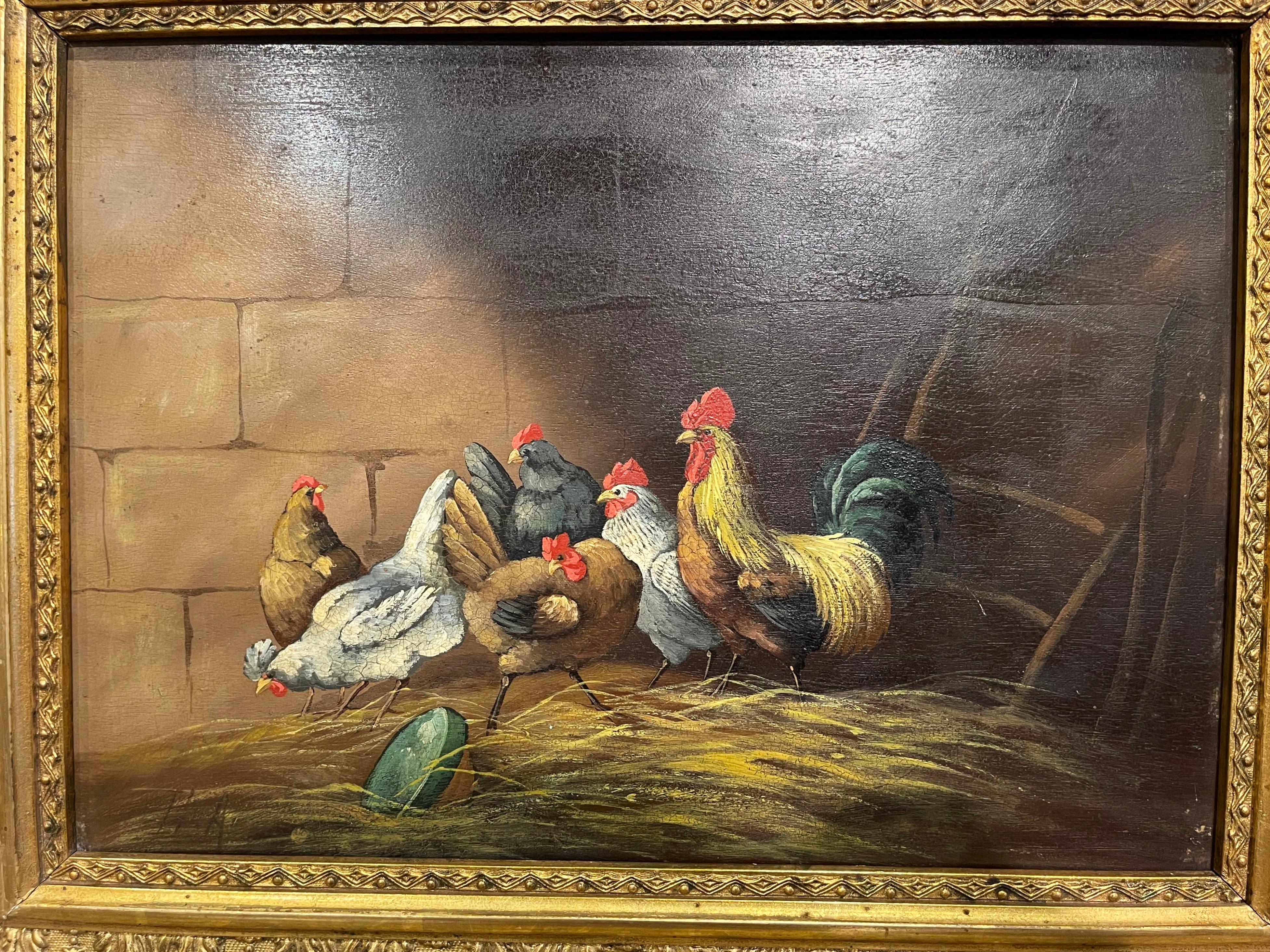 Pair of 19th Century French Chicken Paintings in Giltwood Frames Signed G. A In Excellent Condition In Dallas, TX