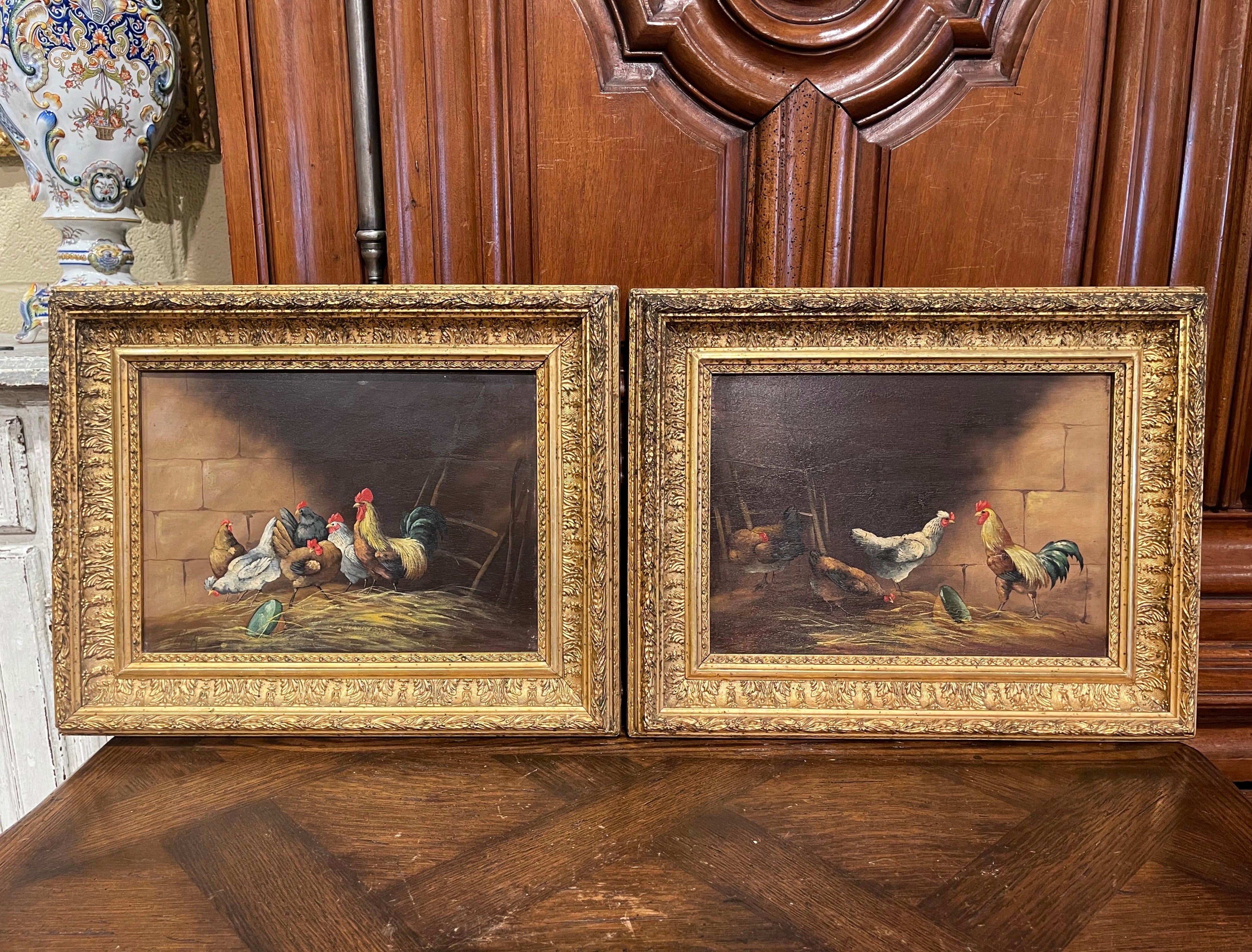 Pair of 19th Century French Chicken Paintings in Giltwood Frames Signed G. A 1