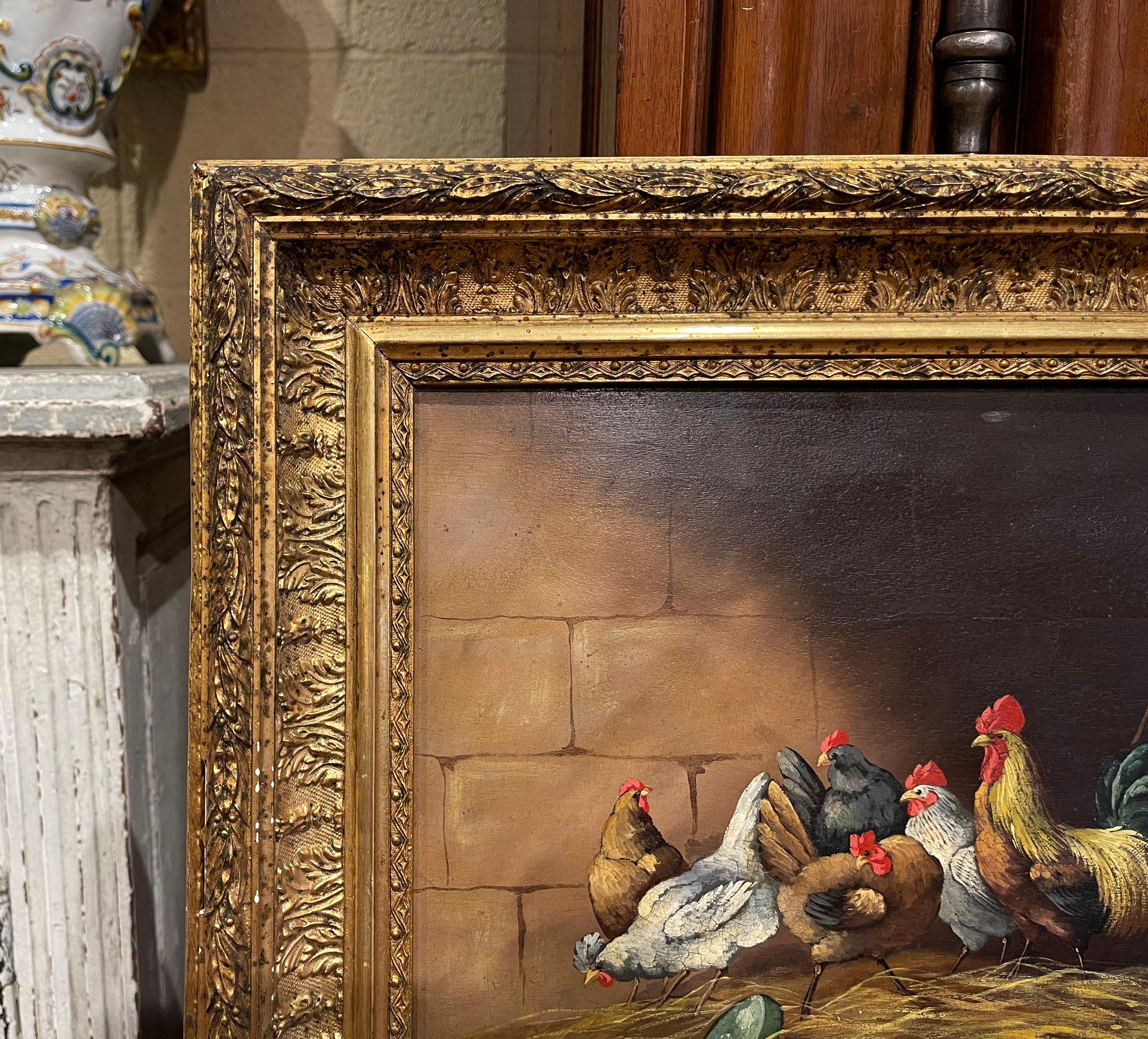 Pair of 19th Century French Chicken Paintings in Giltwood Frames Signed G. A 2