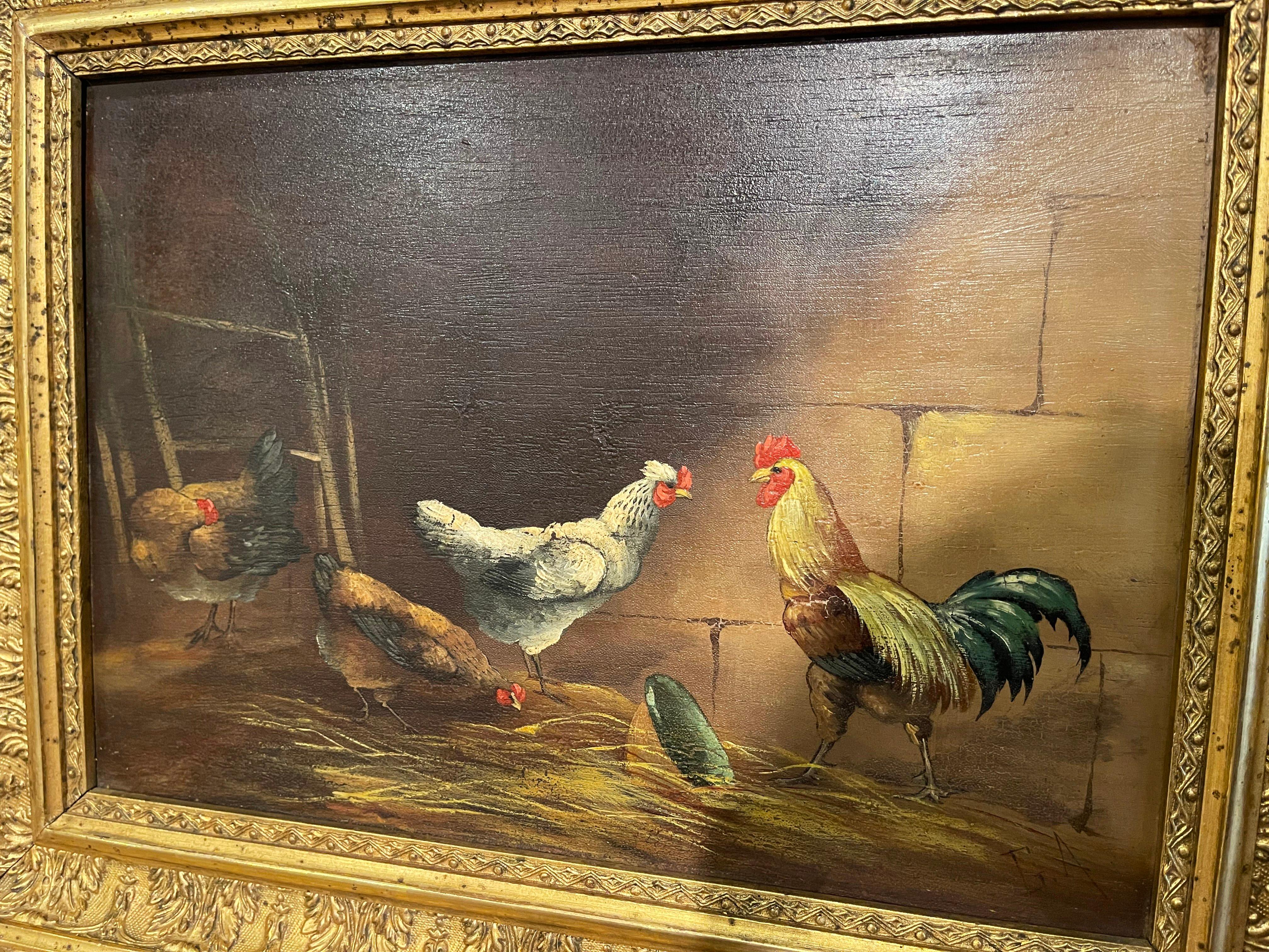 Pair of 19th Century French Chicken Paintings in Giltwood Frames Signed G. A 4