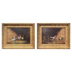 Pair of 19th Century French Chicken Paintings in Giltwood Frames Signed G. A