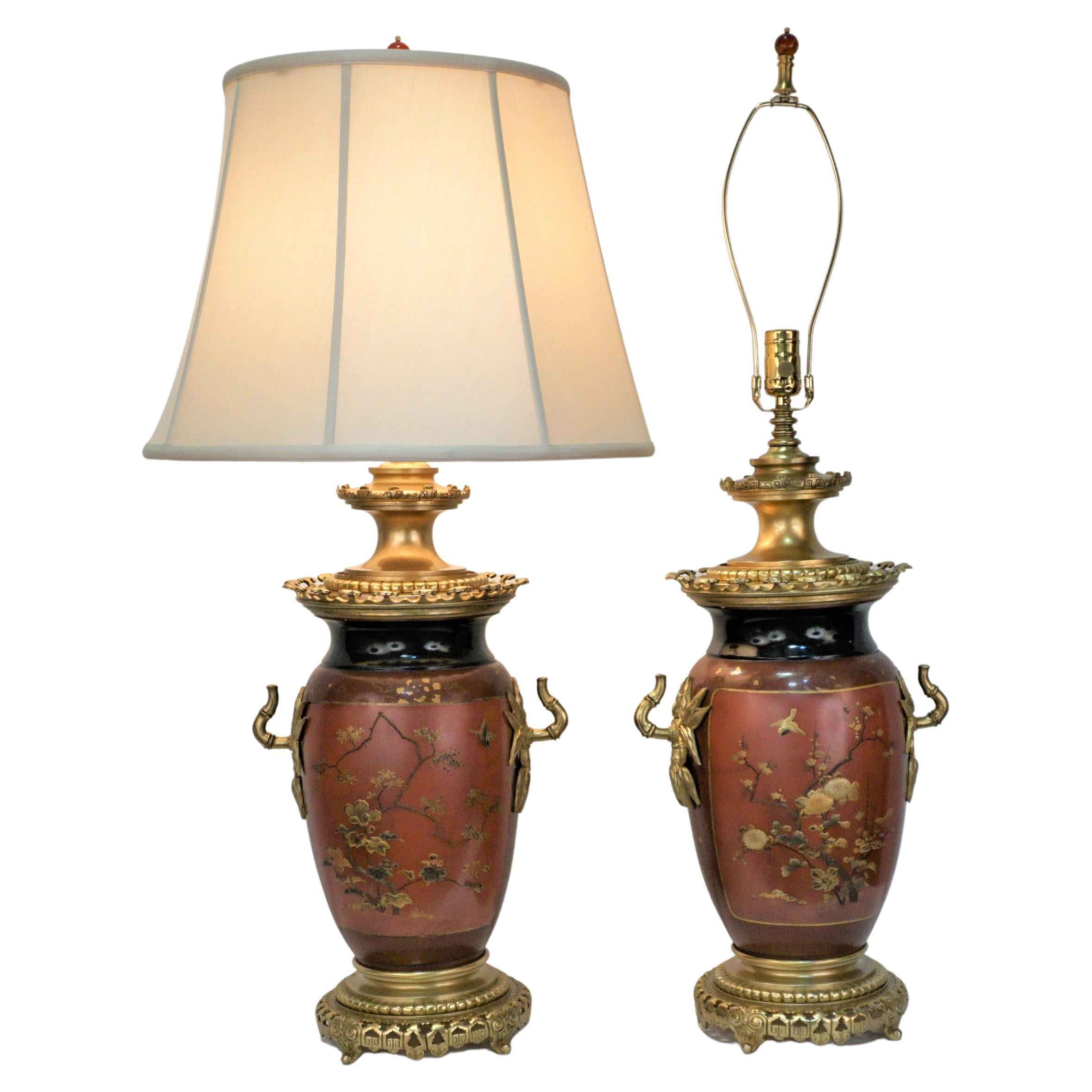 Pair of 19th Century French Chinoiserie Bronze & Porcelain Electrified Oil Lamps