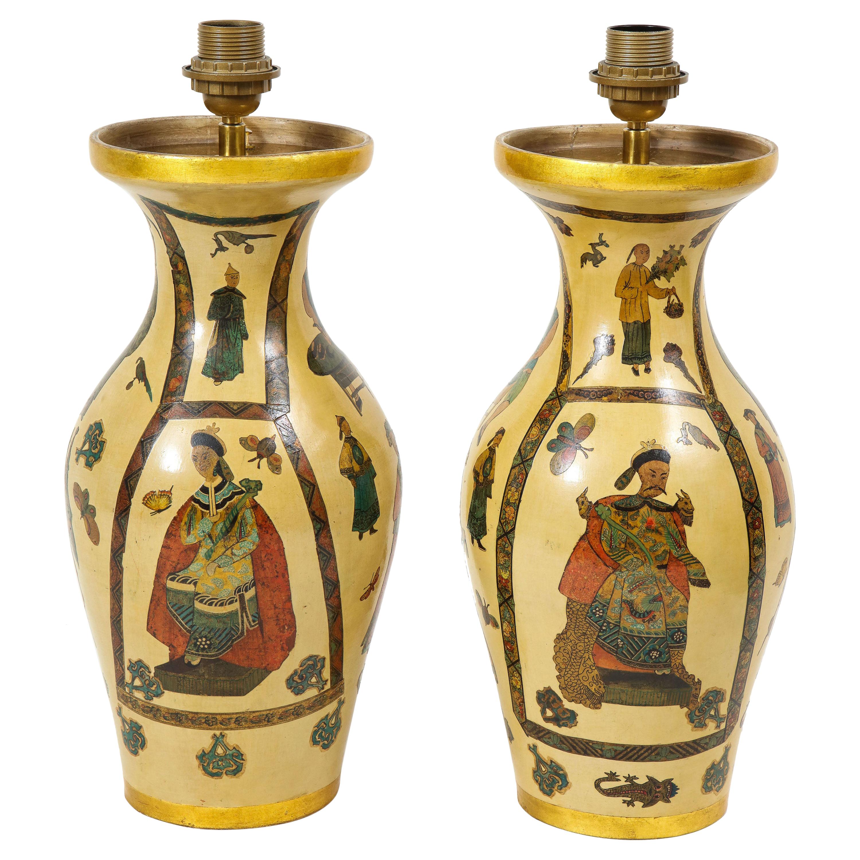 Pair of 19th Century French Chinoiserie Decoupaged Lamps