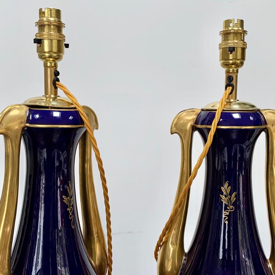 Pair of 19th Century French Cobalt Blue and Gold Table Lamps by JP of France For Sale 2