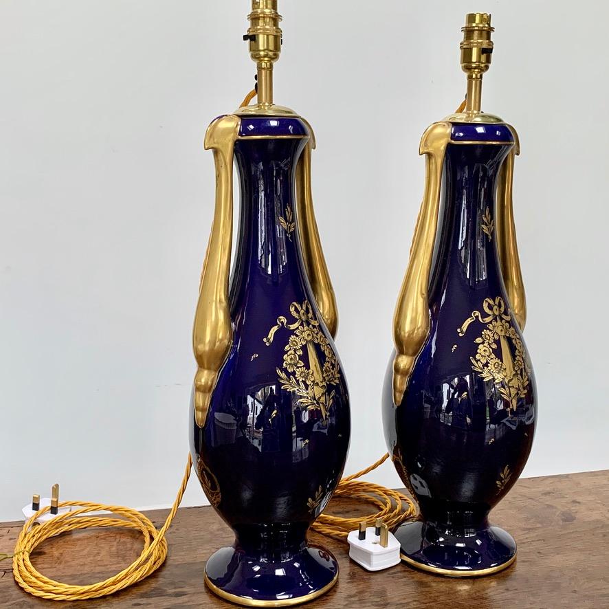 Art Nouveau Pair of 19th Century French Cobalt Blue and Gold Table Lamps by JP of France For Sale