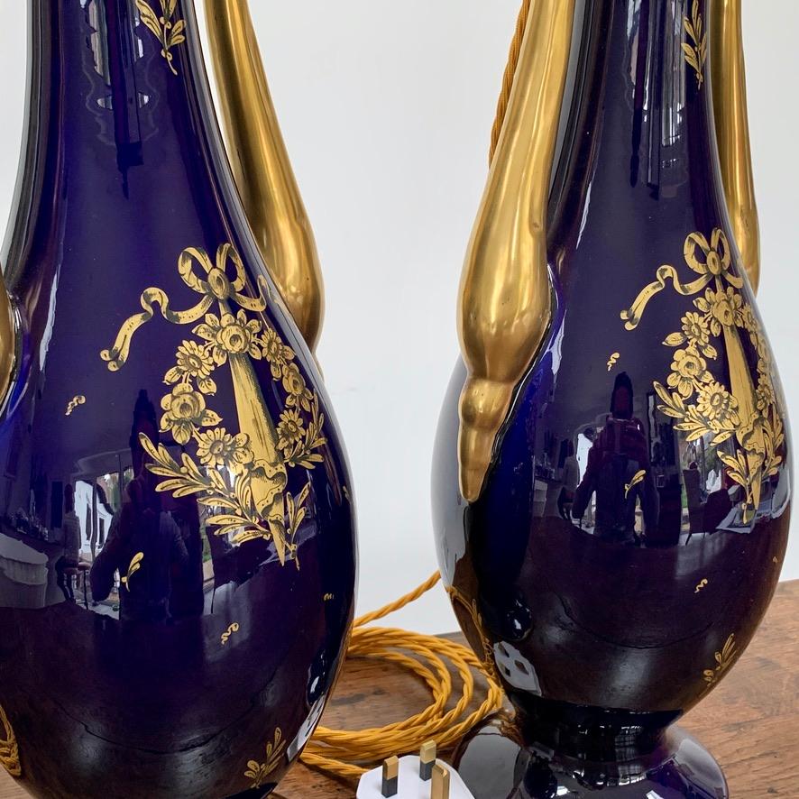 Pair of 19th Century French Cobalt Blue and Gold Table Lamps by JP of France In Good Condition For Sale In Uppingham, Rutland