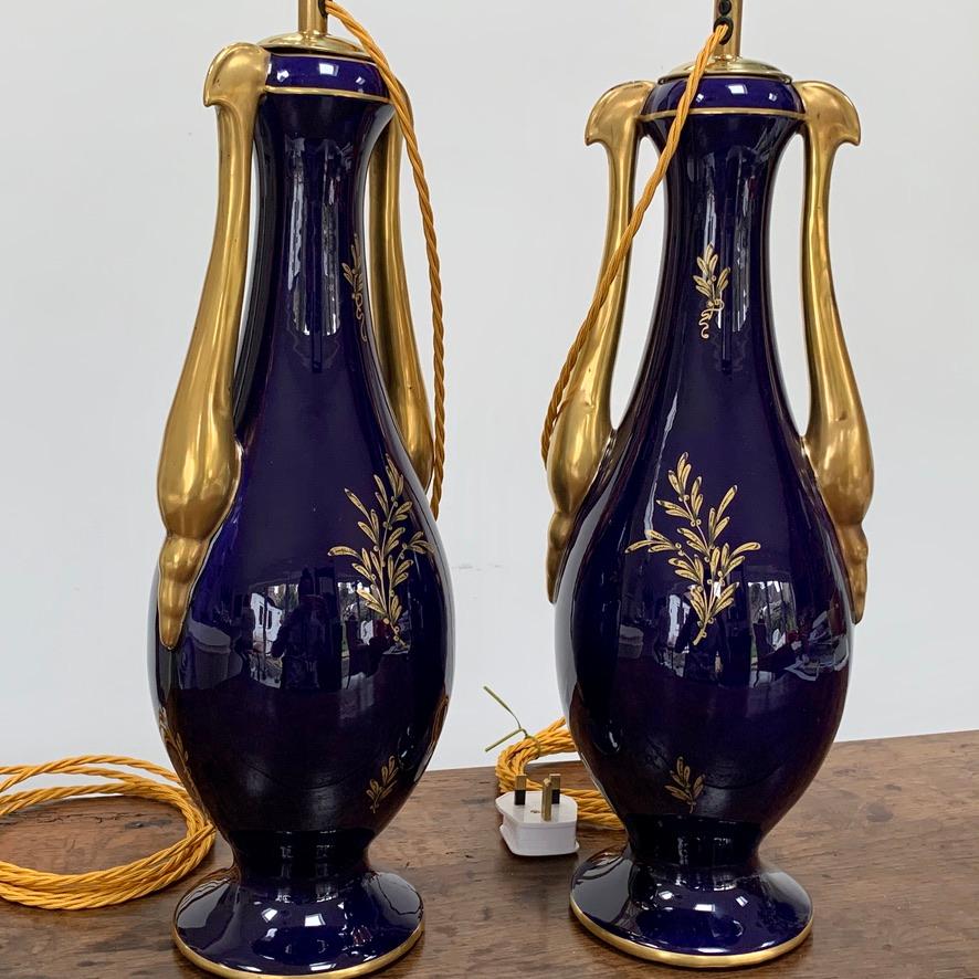 Late 19th Century Pair of 19th Century French Cobalt Blue and Gold Table Lamps by JP of France For Sale
