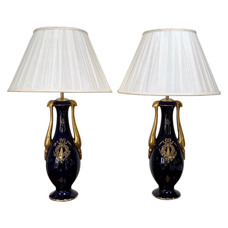 Pair of 19th Century French Cobalt Blue and Gold Table Lamps by JP of France For Sale