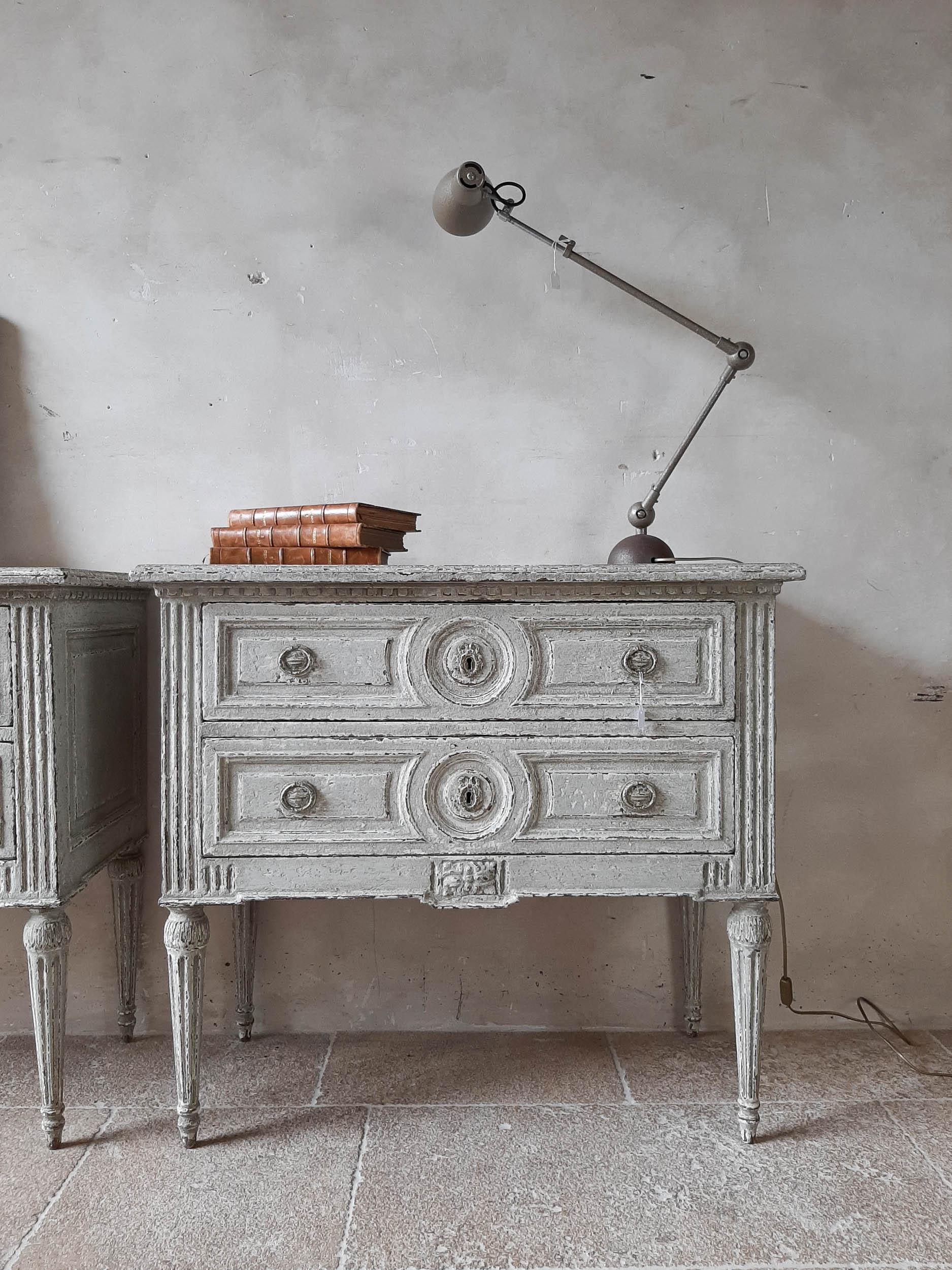 Louis XVI Pair of 19th Century French Commodes of Grey Patinated Wood