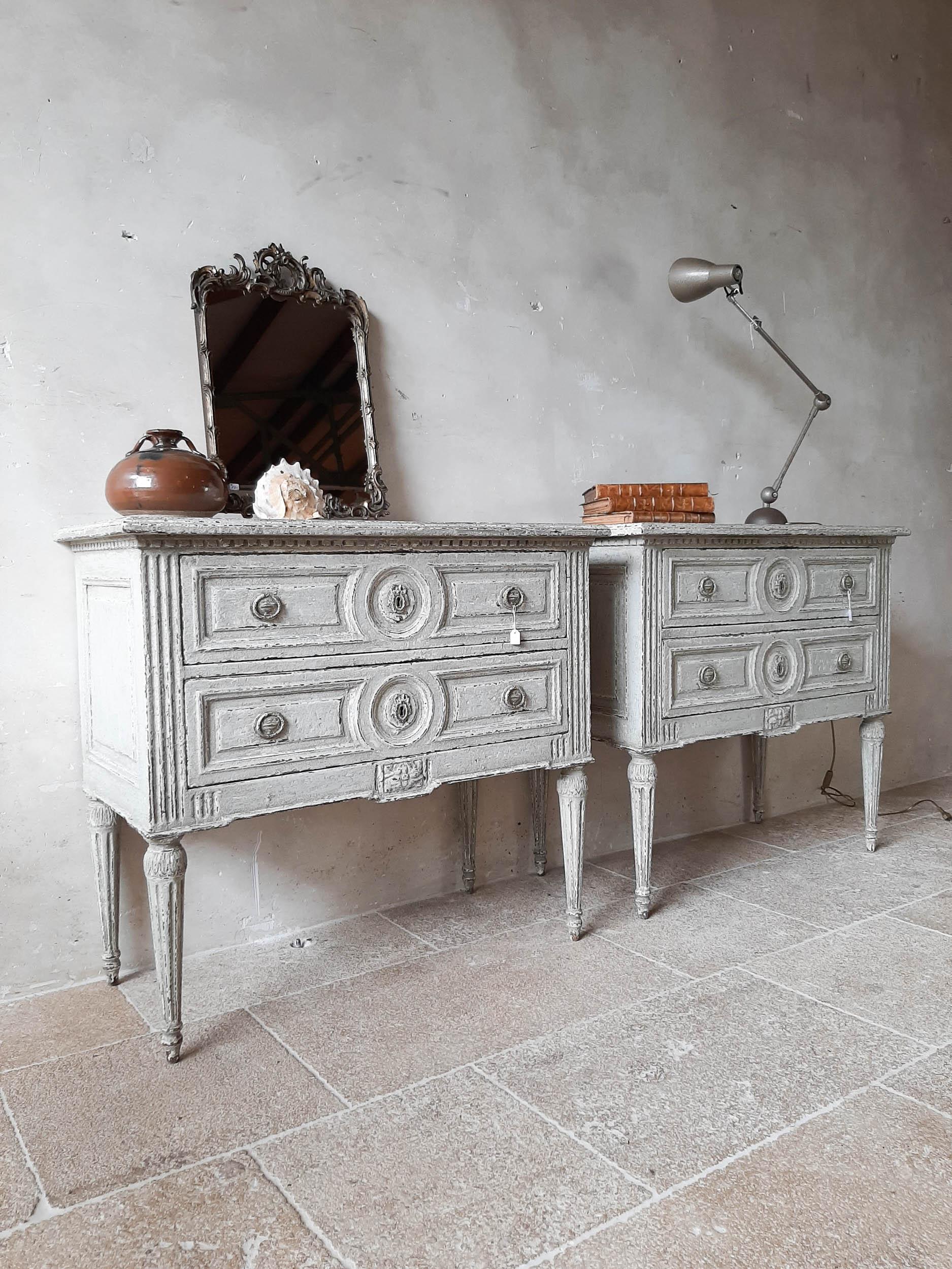 Oak Pair of 19th Century French Commodes of Grey Patinated Wood