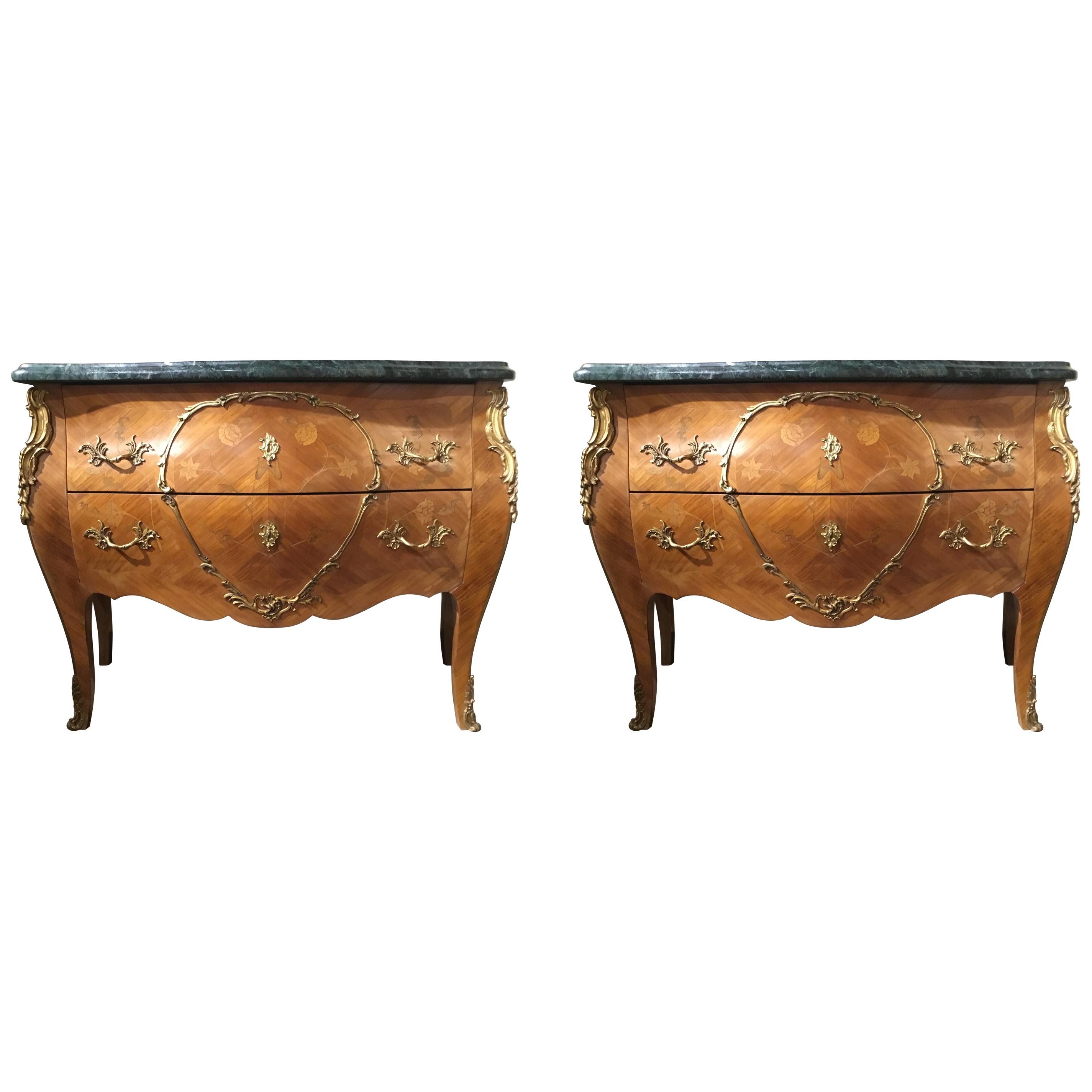 Pair of 19th Century French Commodes, Marble Top in Verde, Bombe-Form circa 1890