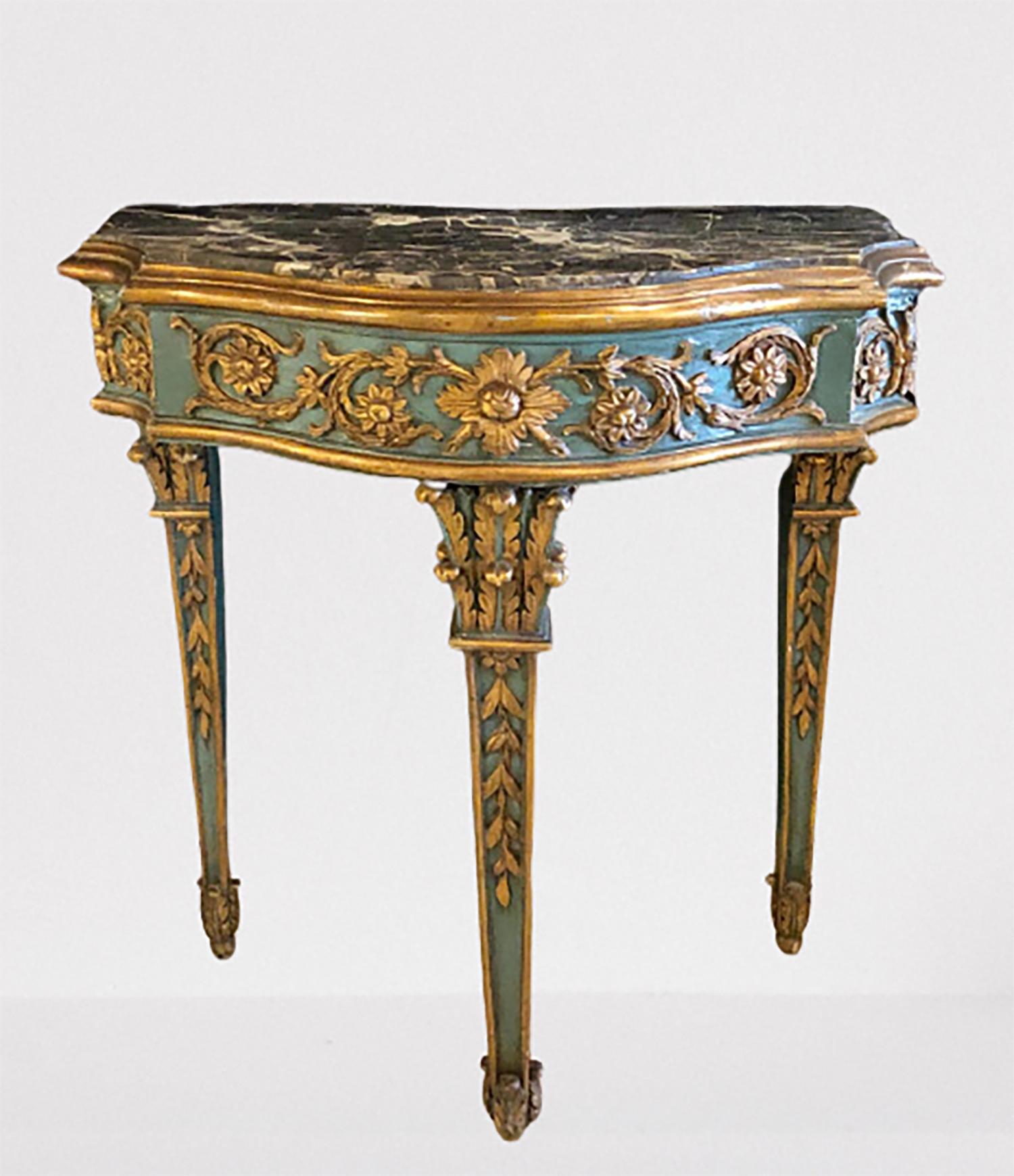 Pair of 19th Century French Console/Sofa Tables Parcel-Gilt & Painted Marble Top In Good Condition In Stamford, CT