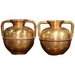 Pair of 19th Century French Copper and Brass Vases with Handles from Normandy