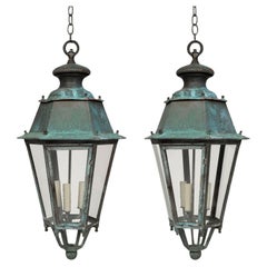 Antique Pair of 19th Century French Copper and Glass Paneled Lanterns