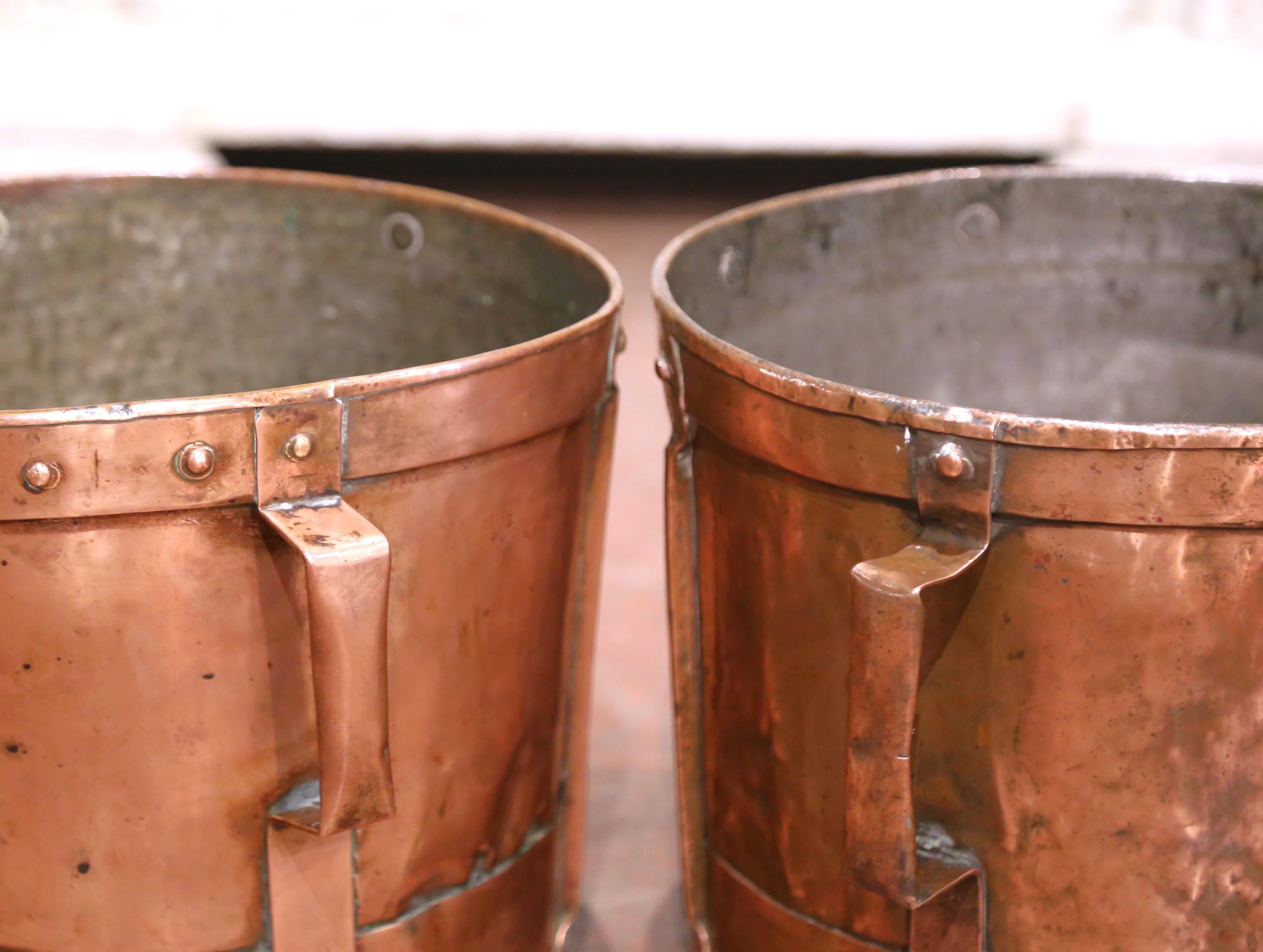 Country Pair of 19th Century French Copper Grain Measure Buckets with Side Handles For Sale