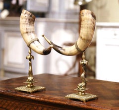 Pair of 19th Century French Cow Horns Cornucopia Vases on Bronze Stands