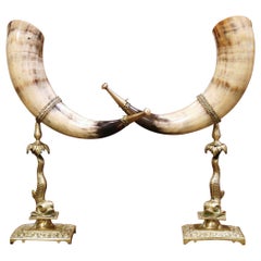 Pair of 19th Century French Cow Horns Cornucopia Vases on Bronze Stands