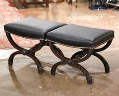 Pair of 19th Century French Dagobert Black Leather Carved Walnut Curule Stools