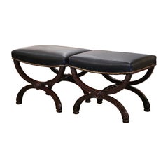Pair of 19th Century French Dagobert Black Leather Carved Walnut Curule Stools
