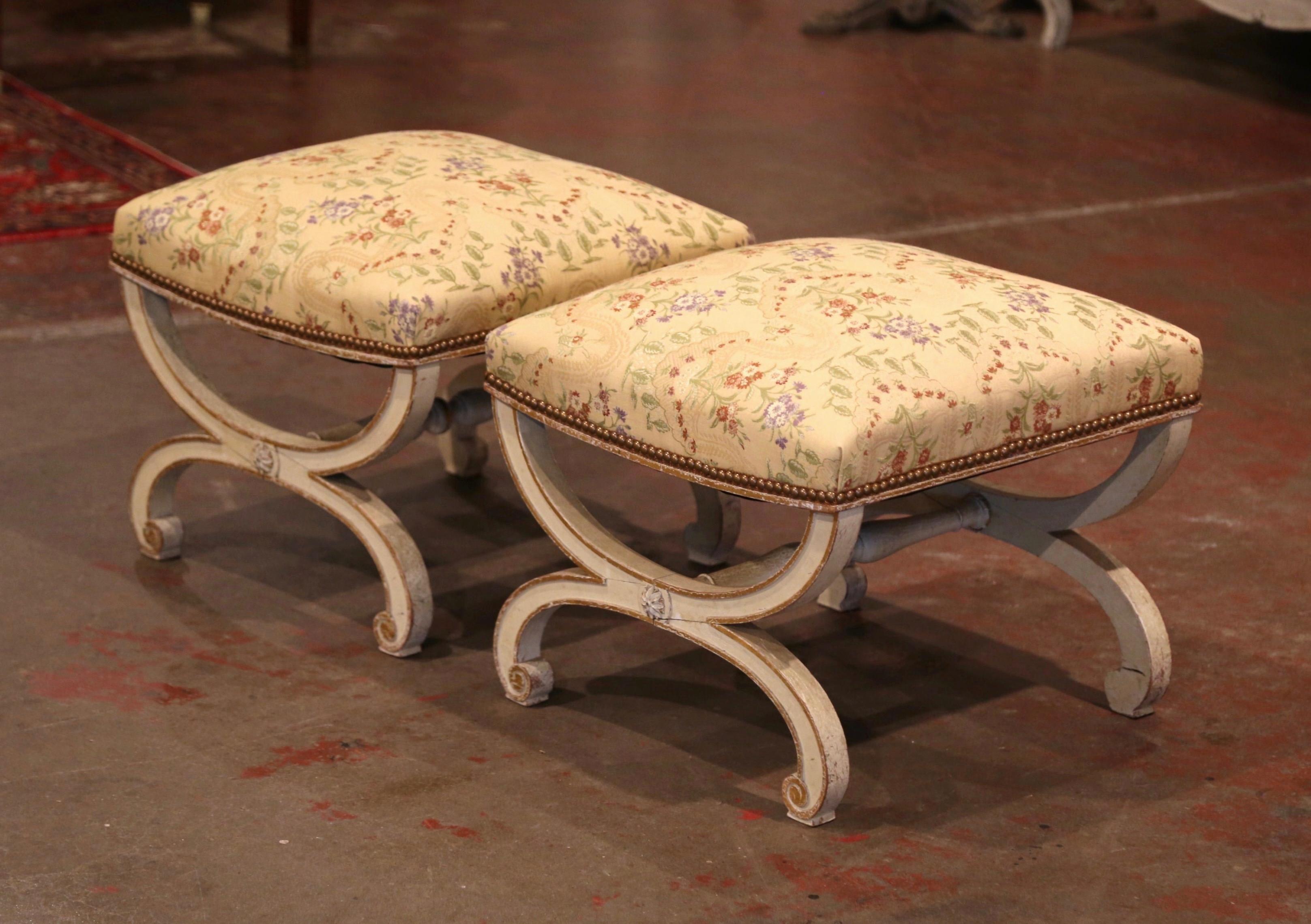 Embellish your formal living room with this elegant pair of antique stools; crafted in France circa 1860, these stools known as 
