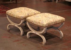Pair of 19th Century French Dagobert Carved Painted Stools with New Upholstery