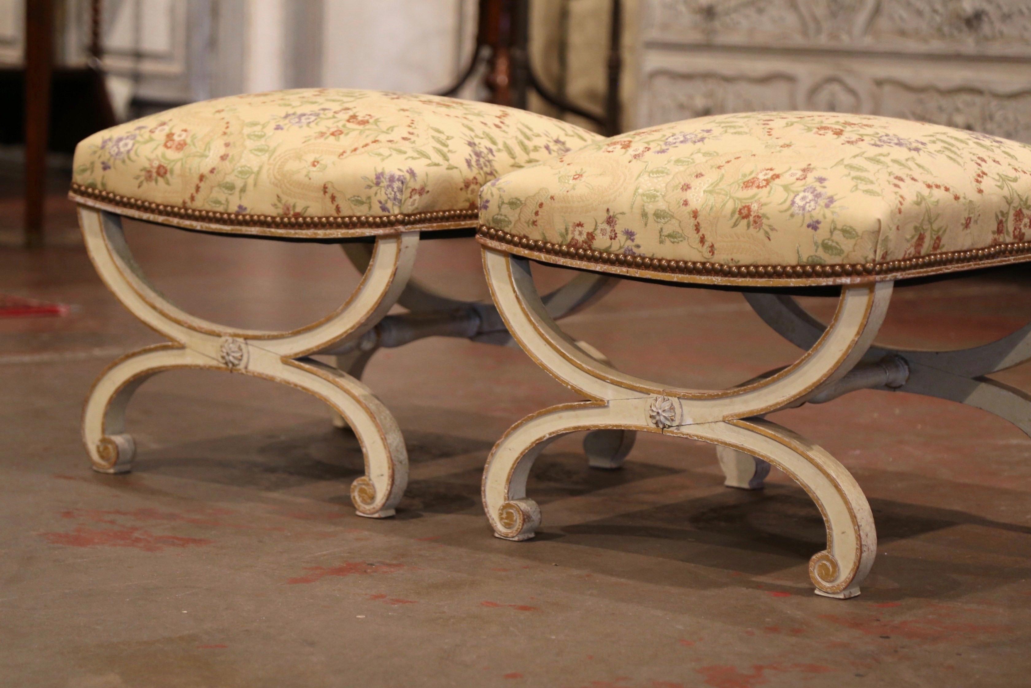 Louis XIV Pair of 19th Century French Dagobert Carved Painted Stools with New Upholstery