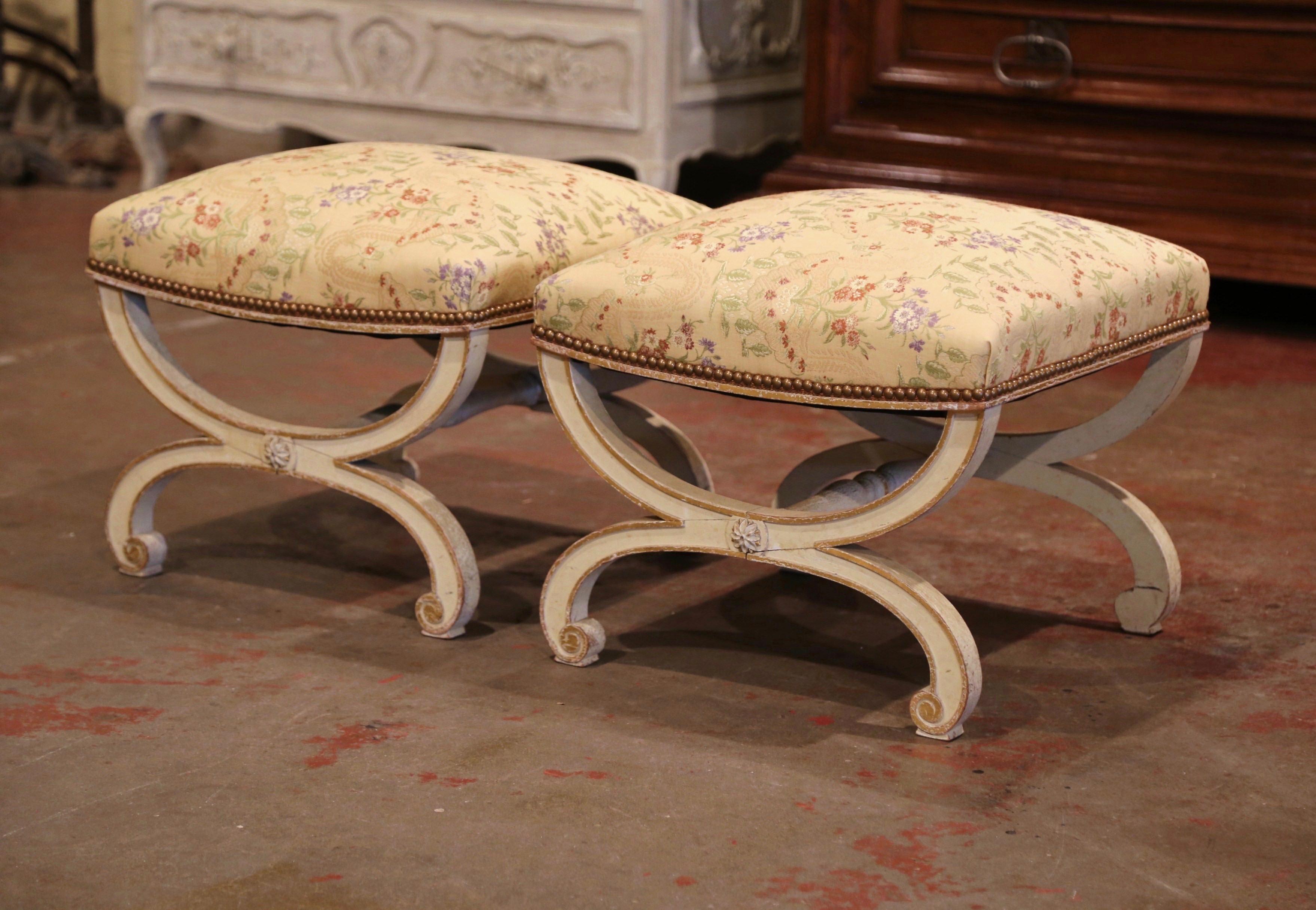 Hand-Carved Pair of 19th Century French Dagobert Carved Painted Stools with New Upholstery