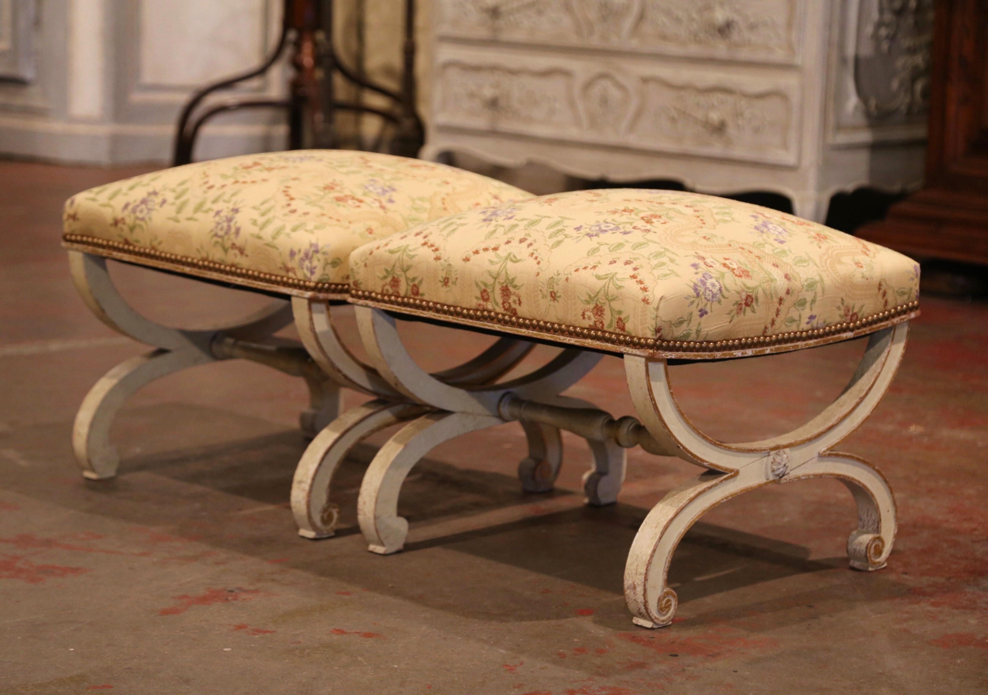 Pair of 19th Century French Dagobert Carved Painted Stools with New Upholstery In Excellent Condition In Dallas, TX
