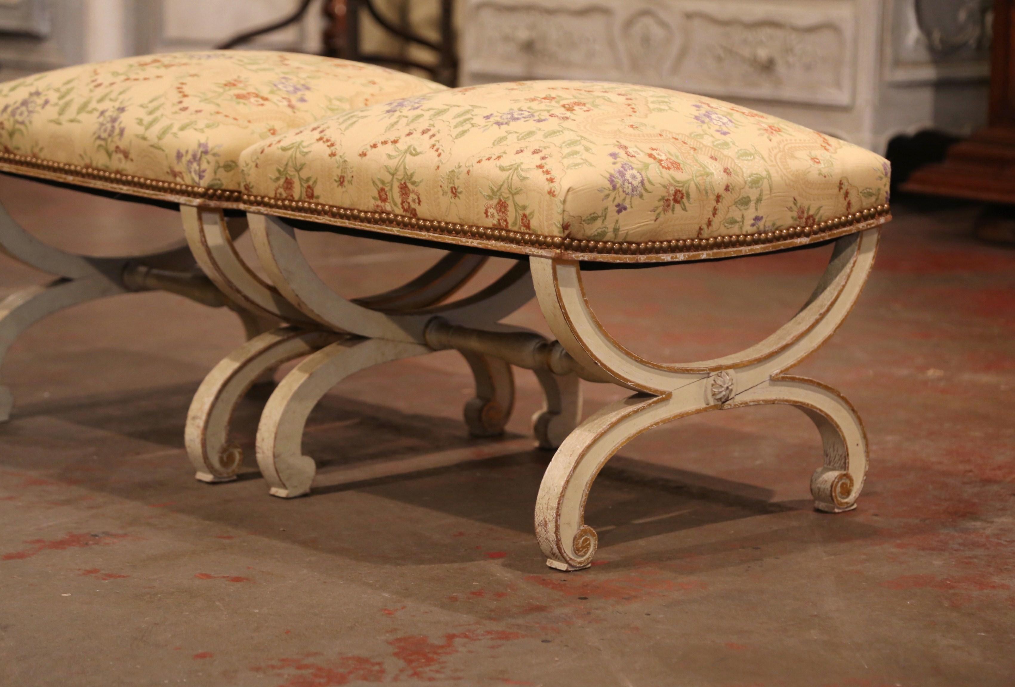 Fabric Pair of 19th Century French Dagobert Carved Painted Stools with New Upholstery