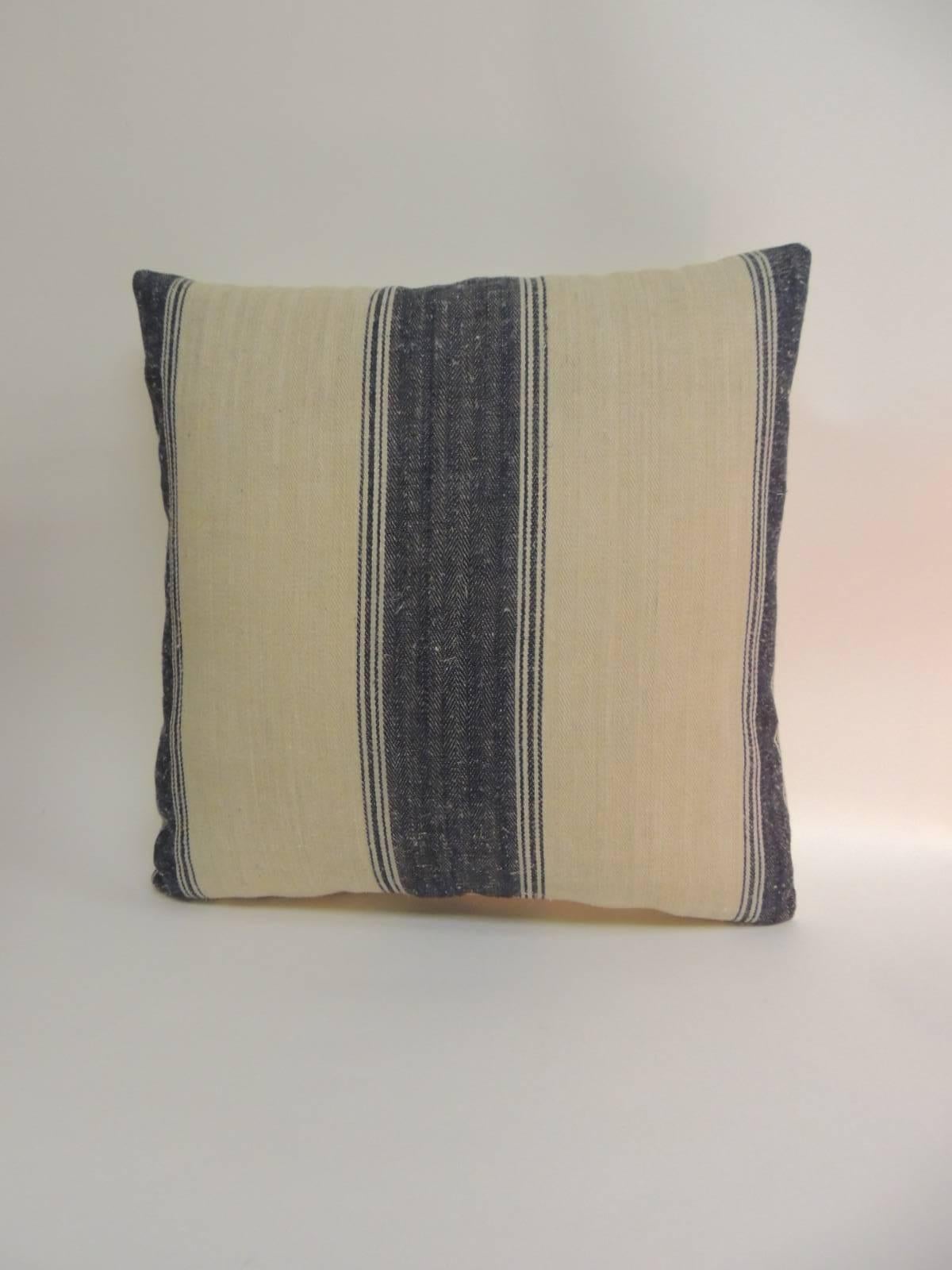 French Provincial Pair of 19th Century French Dark Blue Stripes Decorative Pillows