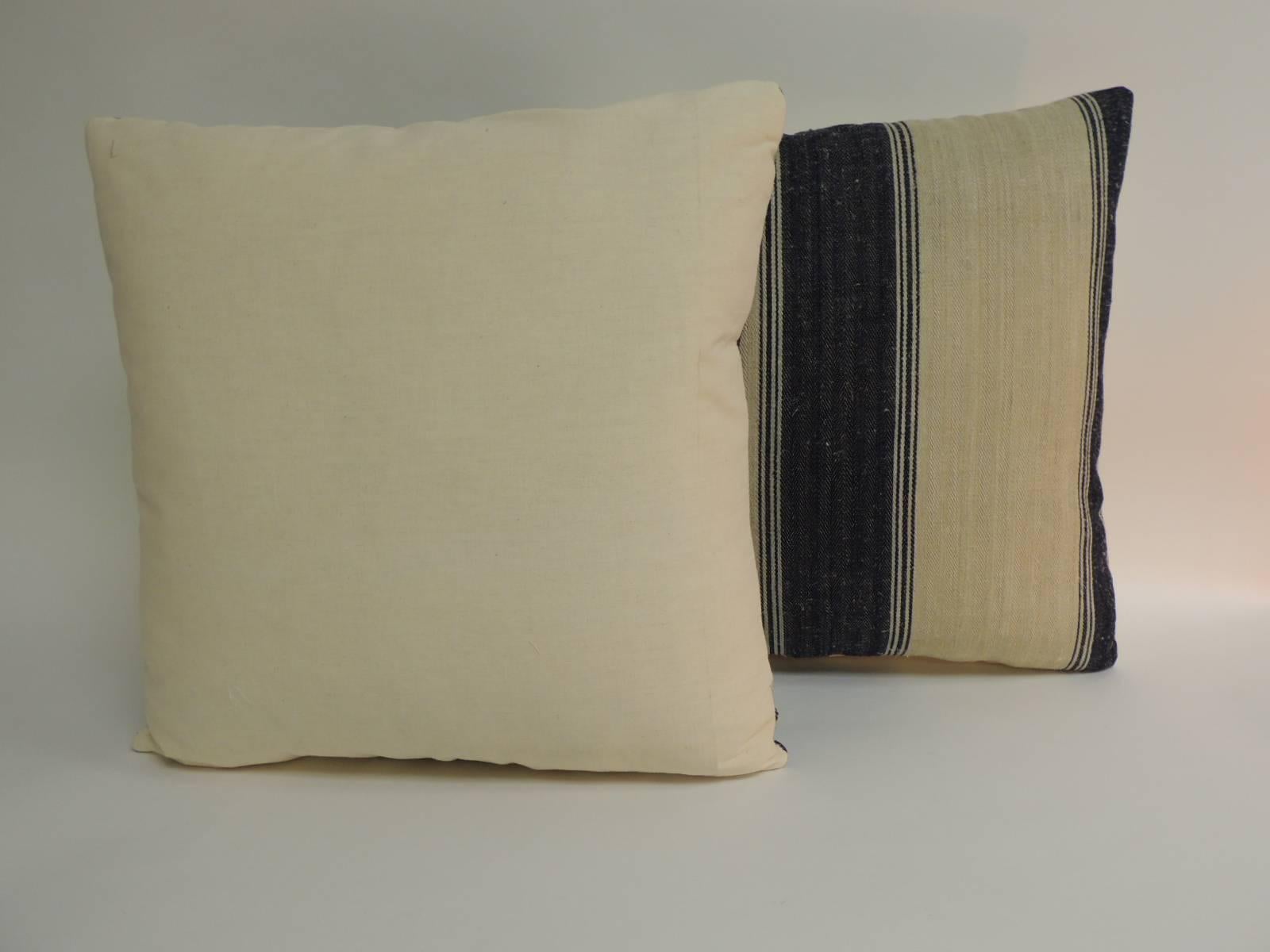 Hand-Crafted Pair of 19th Century French Dark Blue Stripes Decorative Pillows