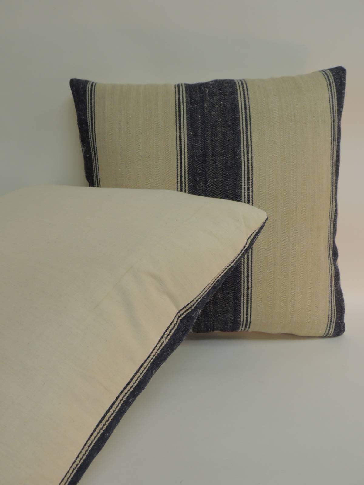 Pair of 19th Century French Dark Blue Stripes Decorative Pillows In Excellent Condition In Oakland Park, FL
