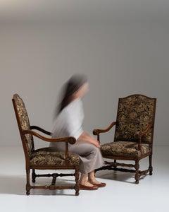Pair of 19th Century French Dark Brown Louis XIII Upholstered Throne Armchairs