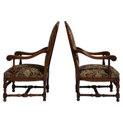 Pair of 19th Century French Dark Brown Louis XIII Upholstered Throne Armchairs