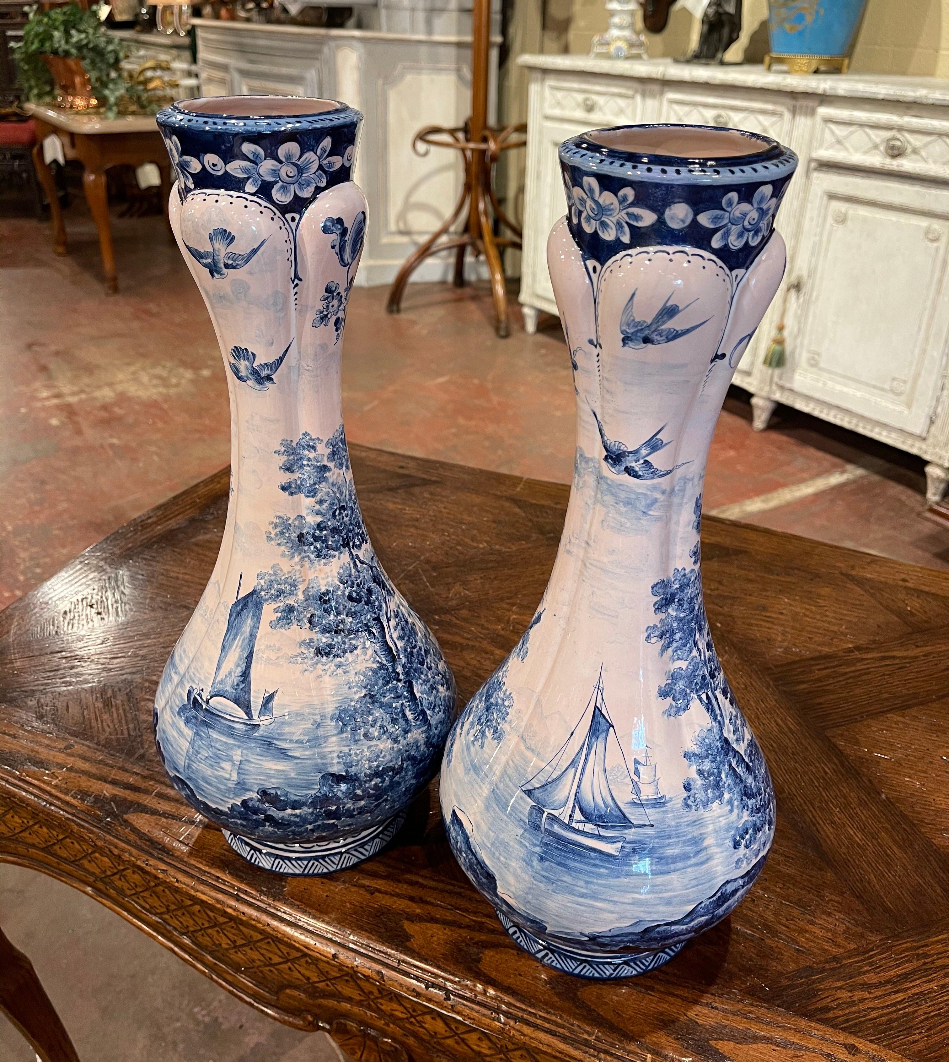 Pair of 19th Century French Delft Style Faience Vases with Blue and White Decor 6