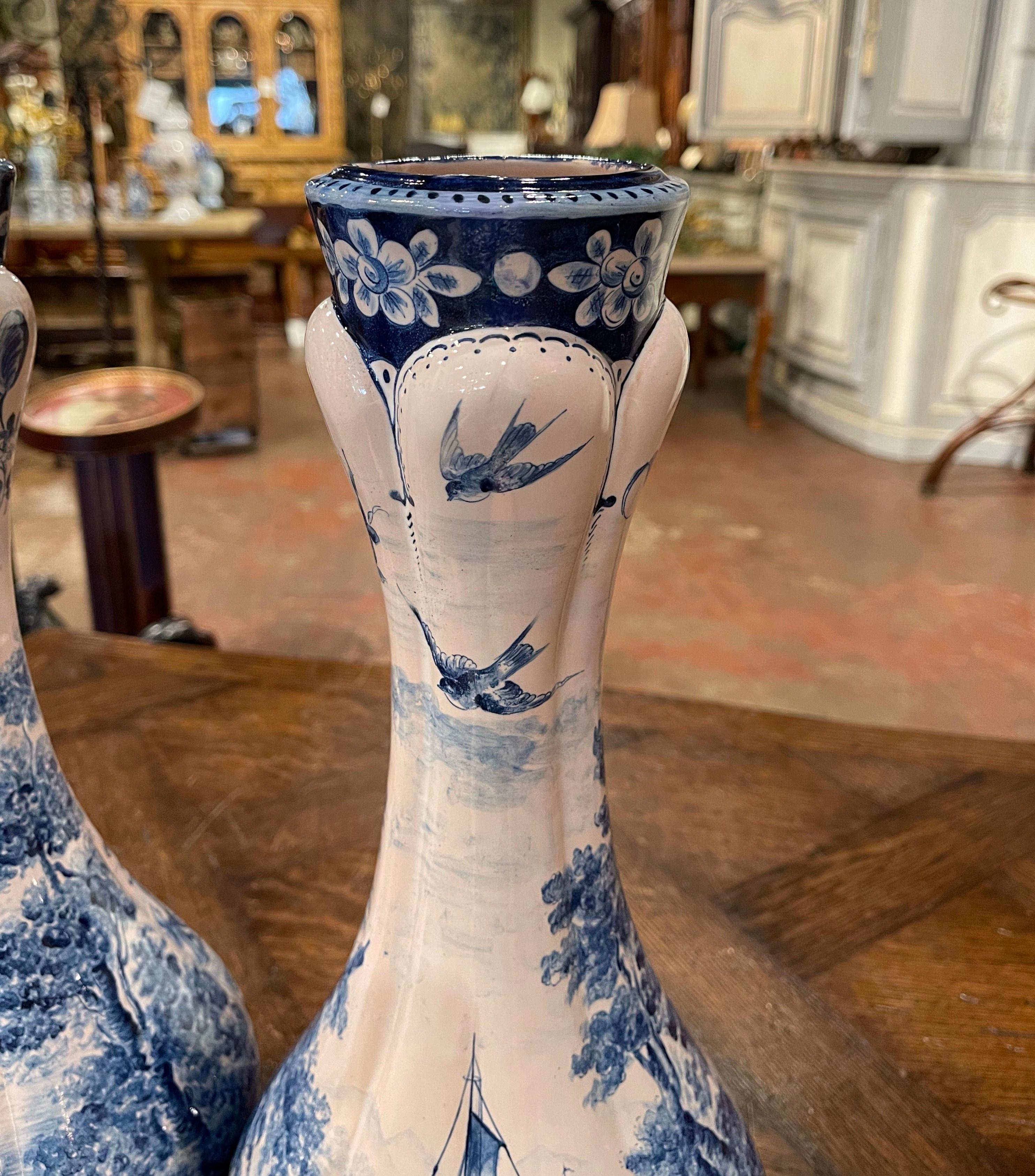 Pair of 19th Century French Delft Style Faience Vases with Blue and White Decor 7