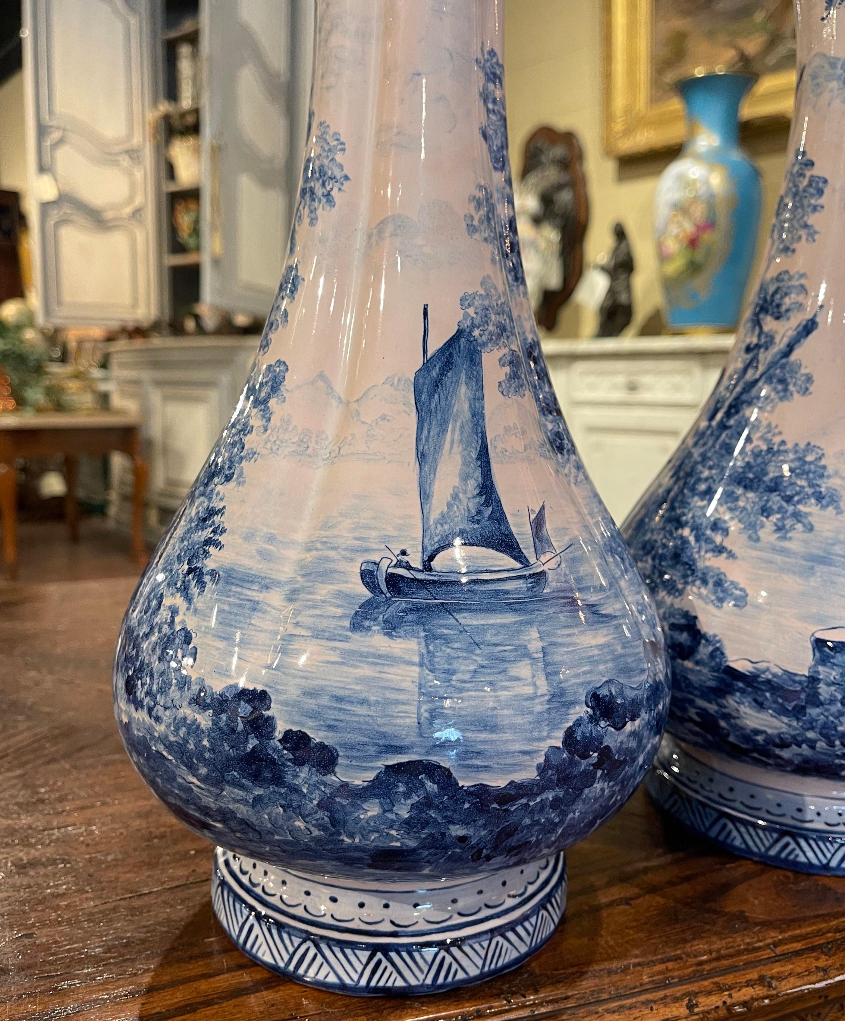 Pair of 19th Century French Delft Style Faience Vases with Blue and White Decor 8