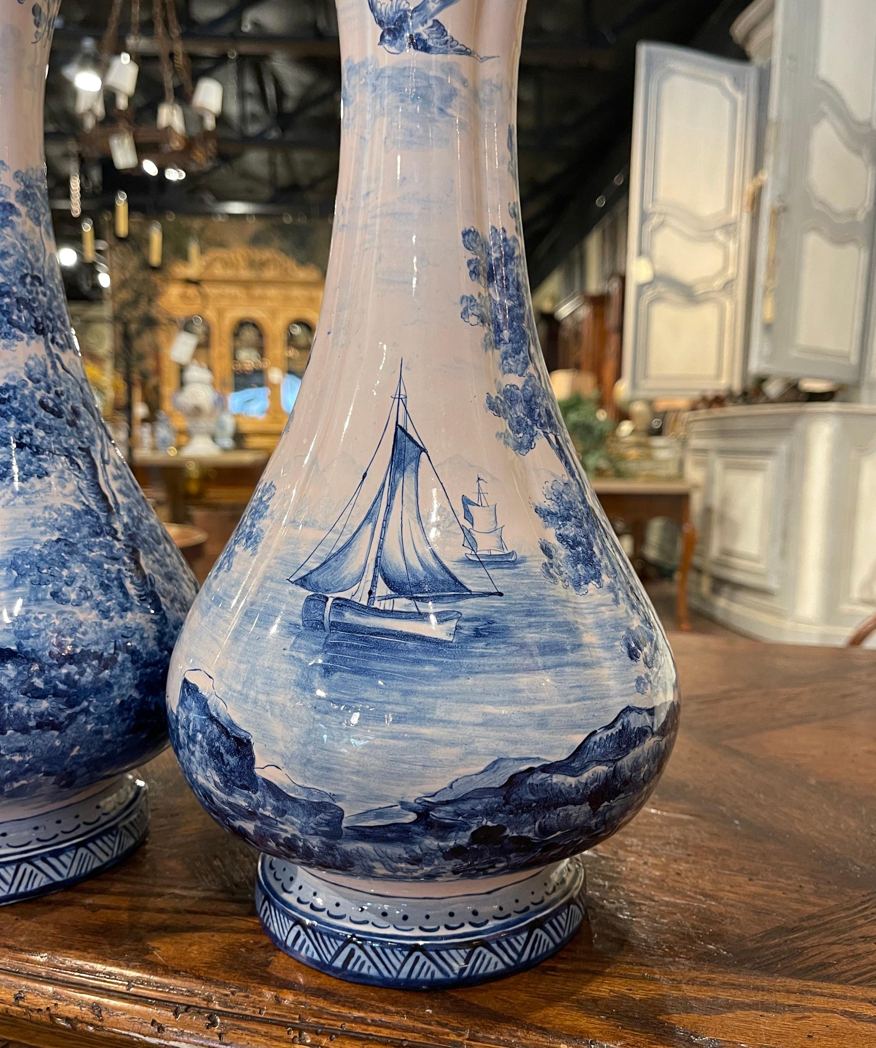 Pair of 19th Century French Delft Style Faience Vases with Blue and White Decor 9
