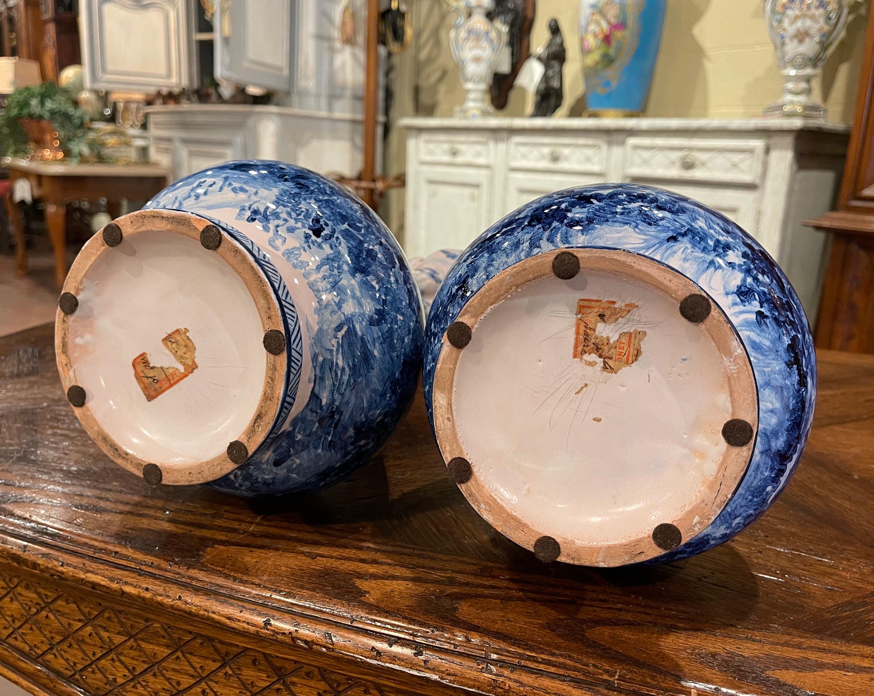 Pair of 19th Century French Delft Style Faience Vases with Blue and White Decor 10