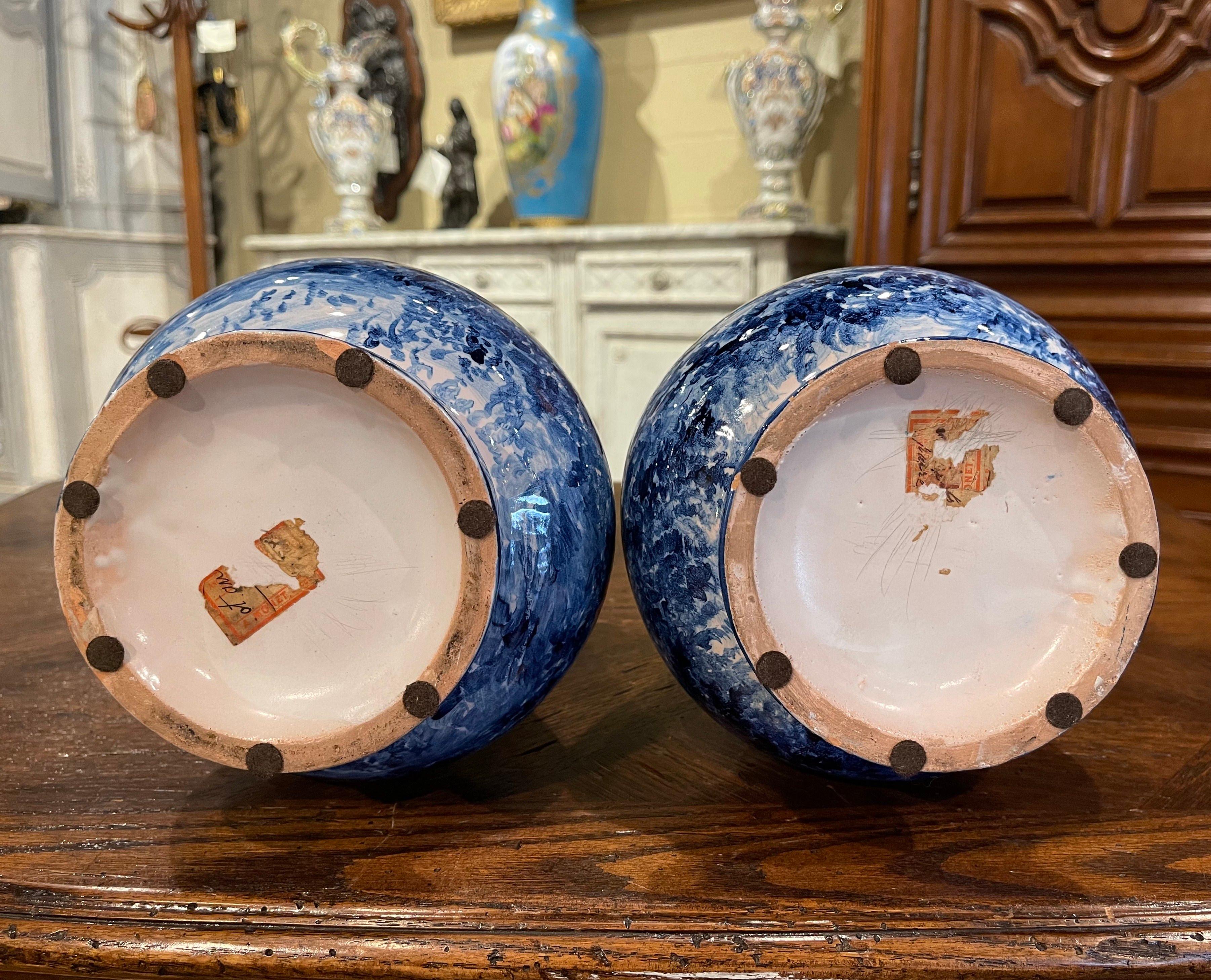 Pair of 19th Century French Delft Style Faience Vases with Blue and White Decor 11